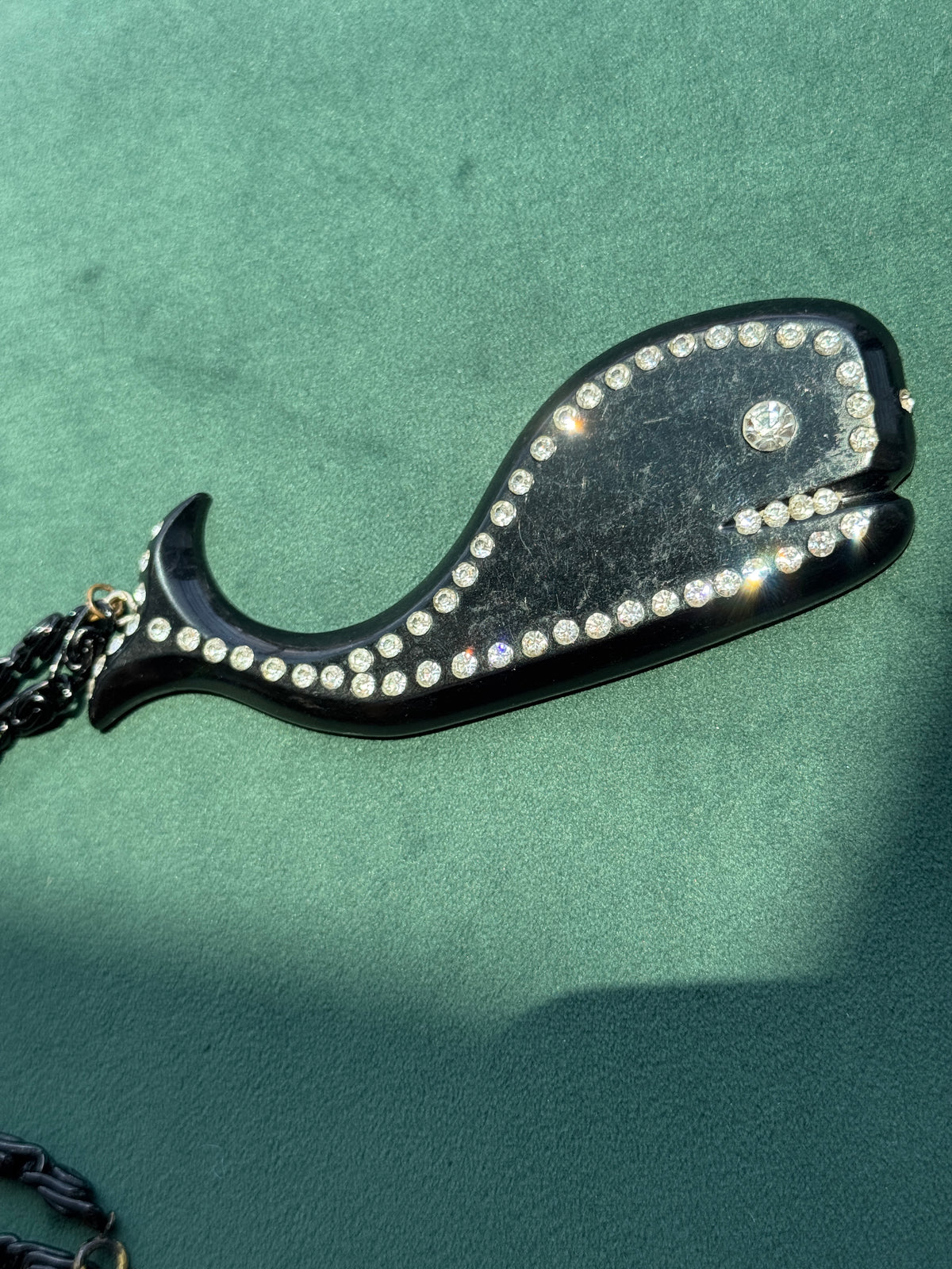 Vintage Black Rhinestone Sea Creature Pendant Necklace 40 Inch Chain Buch Deichmann Style