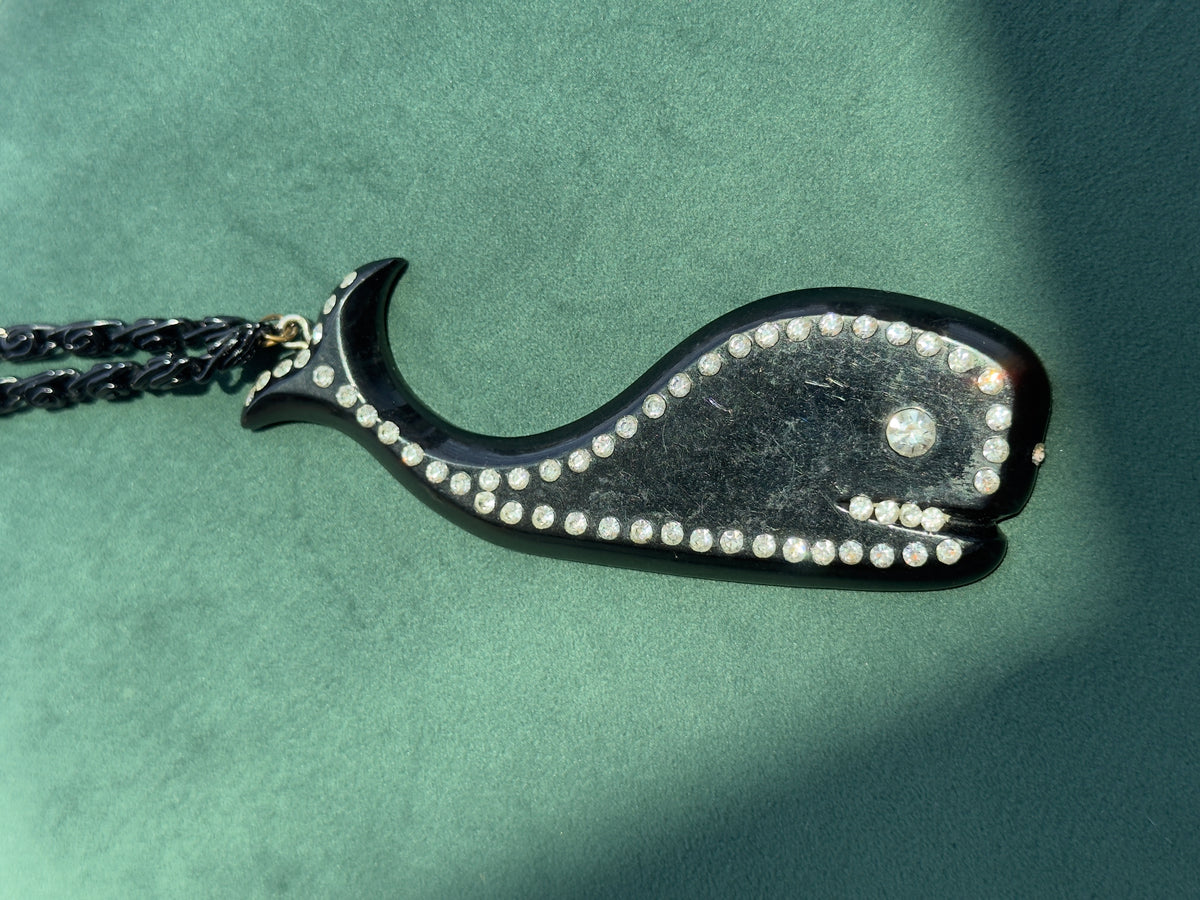 Vintage Black Rhinestone Sea Creature Pendant Necklace 40 Inch Chain Buch Deichmann Style