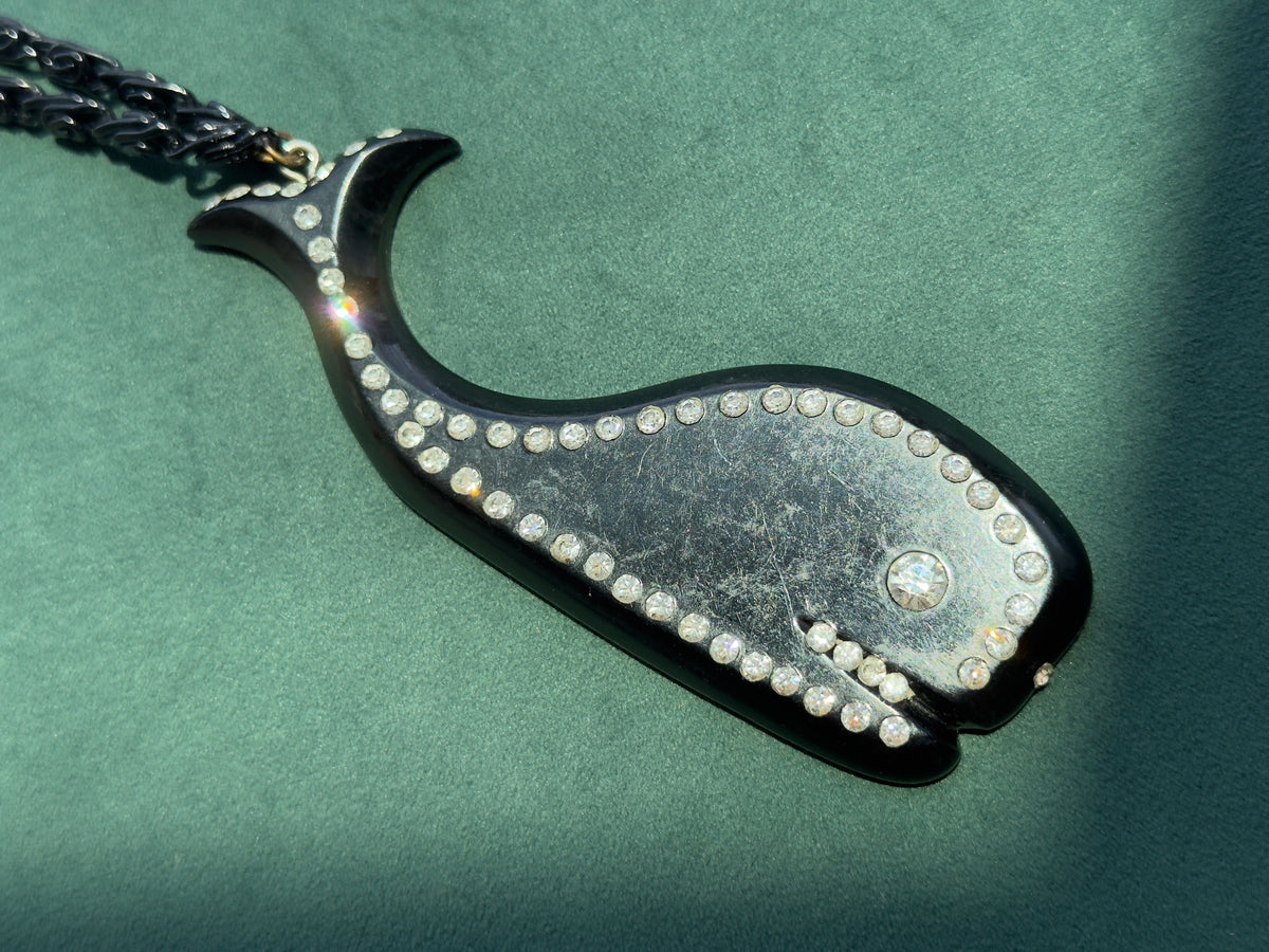 Vintage Black Rhinestone Sea Creature Pendant Necklace 40 Inch Chain Buch Deichmann Style