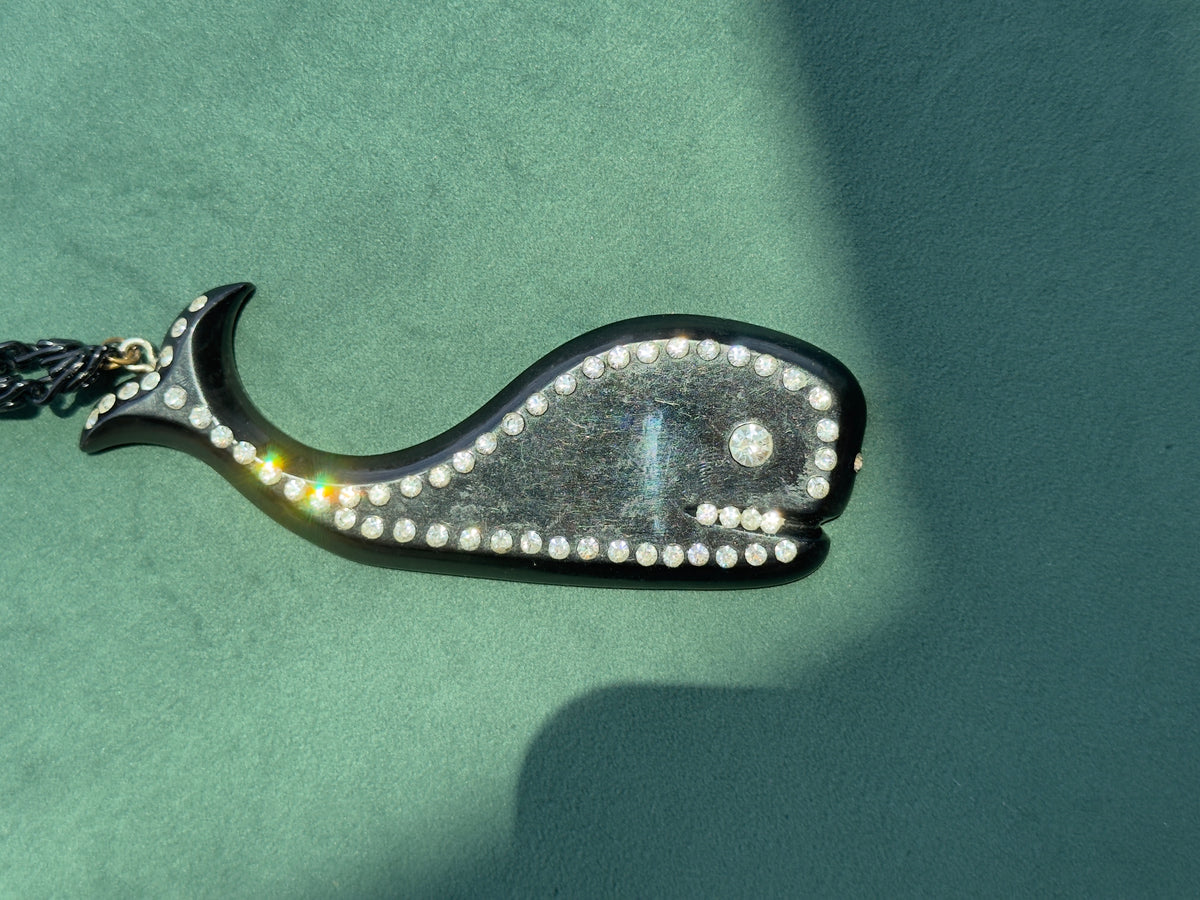 Vintage Black Rhinestone Sea Creature Pendant Necklace 40 Inch Chain Buch Deichmann Style