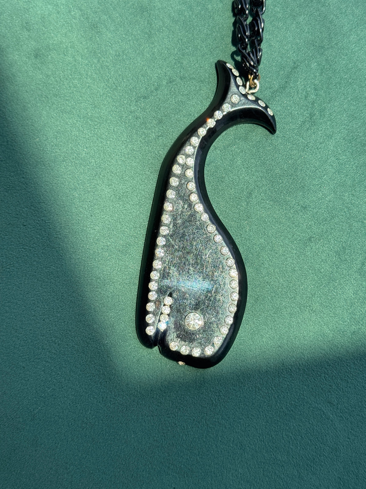 Vintage Black Rhinestone Sea Creature Pendant Necklace 40 Inch Chain Buch Deichmann Style