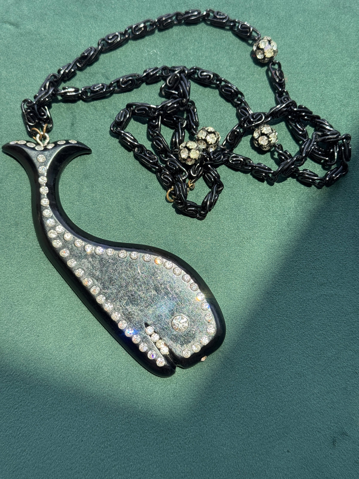 Vintage Black Rhinestone Sea Creature Pendant Necklace 40 Inch Chain Buch Deichmann Style