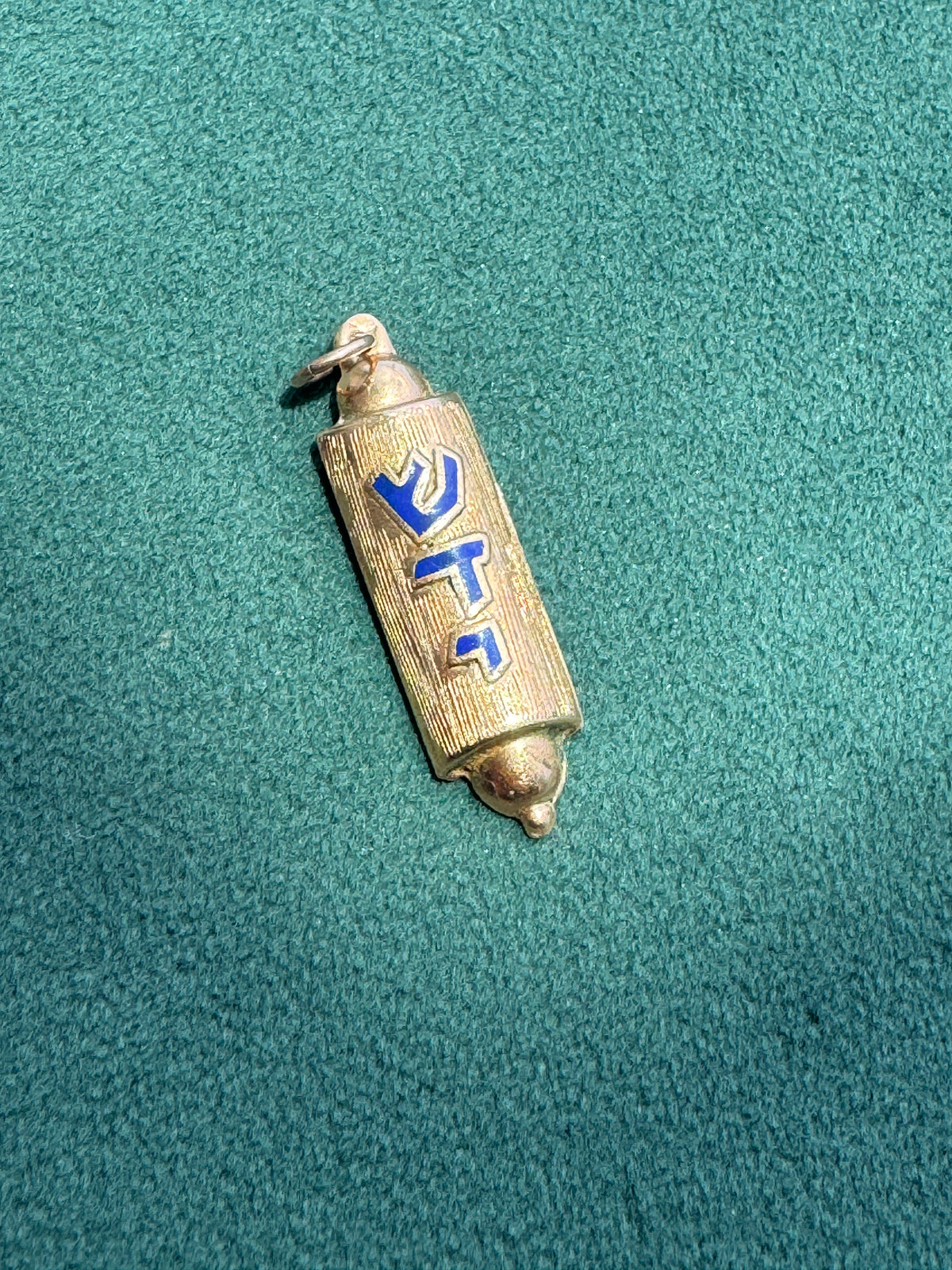 14K Yellow Gold Blue Enamel Mezuzah Pendant with Interior Scroll Hebrew Shaddai Judaica