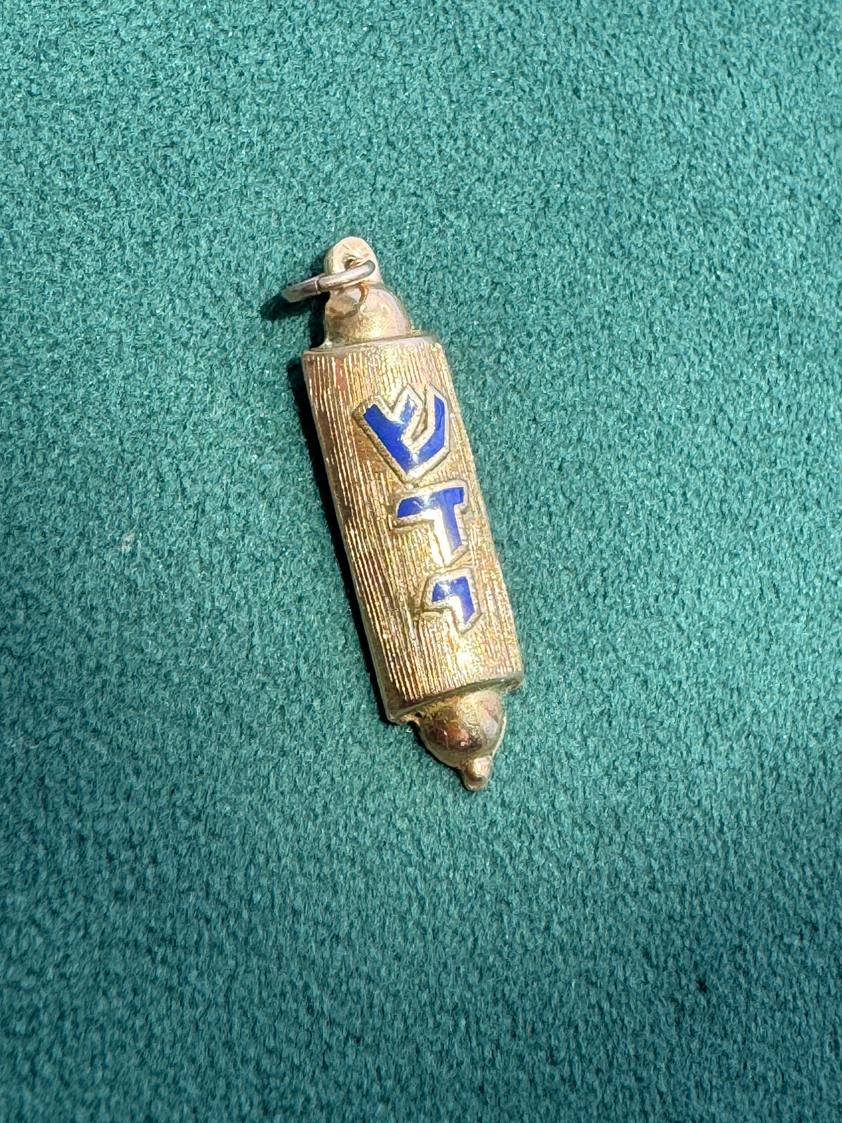 14K Yellow Gold Blue Enamel Mezuzah Pendant with Interior Scroll Hebrew Shaddai Judaica