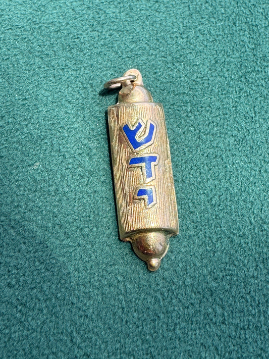 14K Yellow Gold Blue Enamel Mezuzah Pendant with Interior Scroll Hebrew Shaddai Judaica