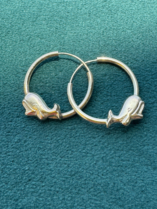 New Old Stock 14K Gold Bulgy the Whale Hoop Earrings Hawaiian Handcrafted