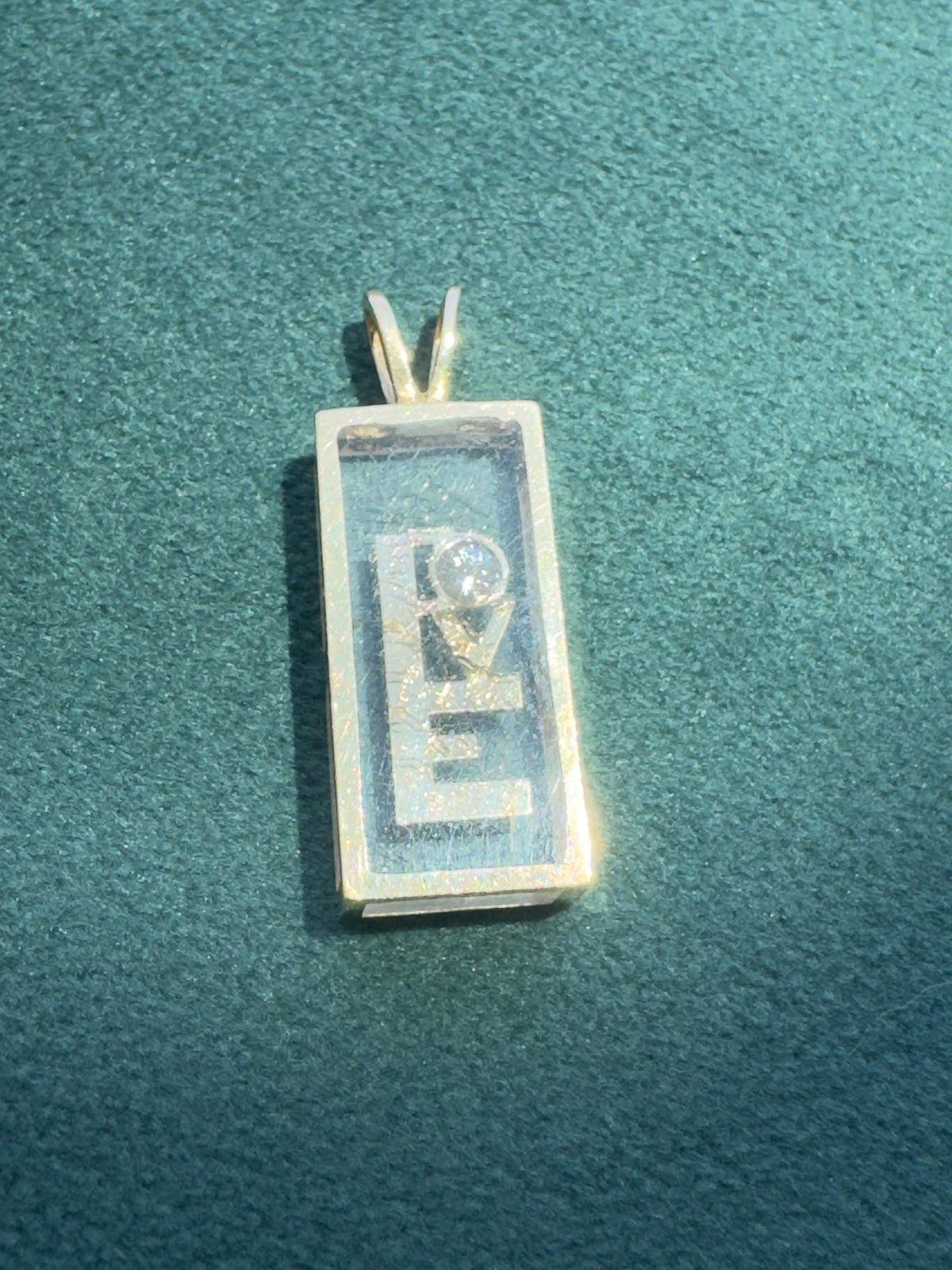 14K Yellow Gold Floating Diamond LOVE Pendant Shadow Box Lucite 1970s Incogem Style