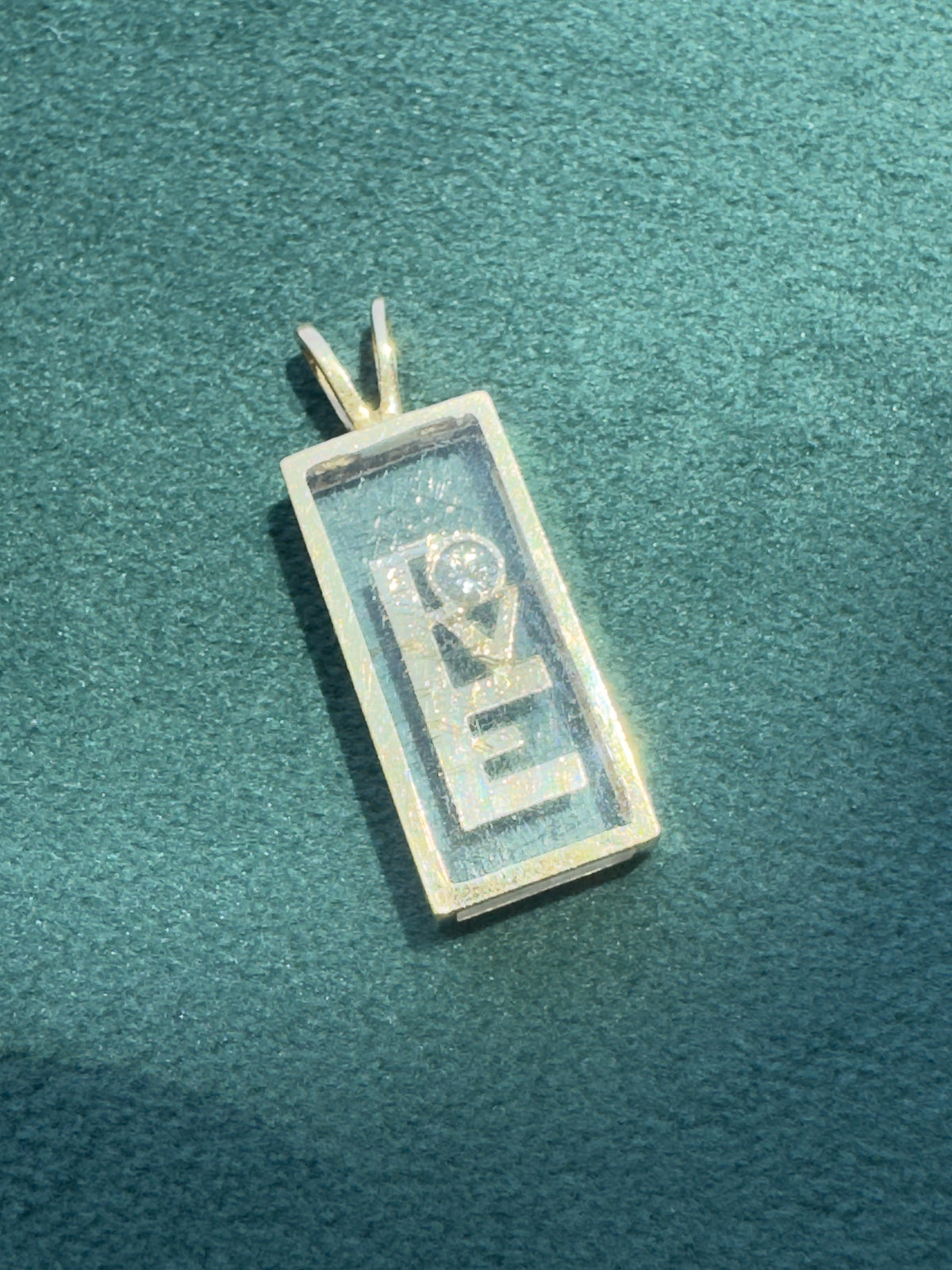 14K Yellow Gold Floating Diamond LOVE Pendant Shadow Box Lucite 1970s Incogem Style