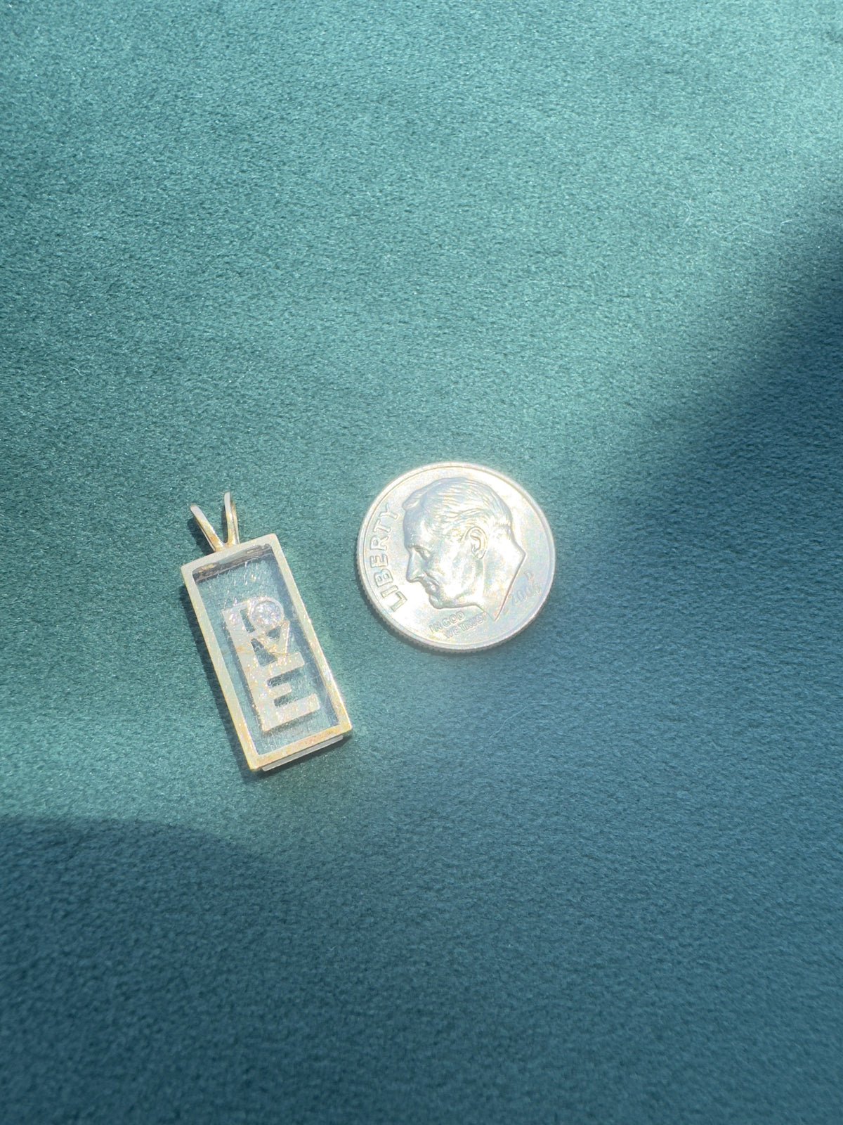 14K Yellow Gold Floating Diamond LOVE Pendant Shadow Box Lucite 1970s Incogem Style