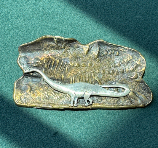 Vintage Brass and Sterling Silver Sauropod Brontosaurus Dinosaur Fossil Scene Brooch Pin Signed Figural Paleontology