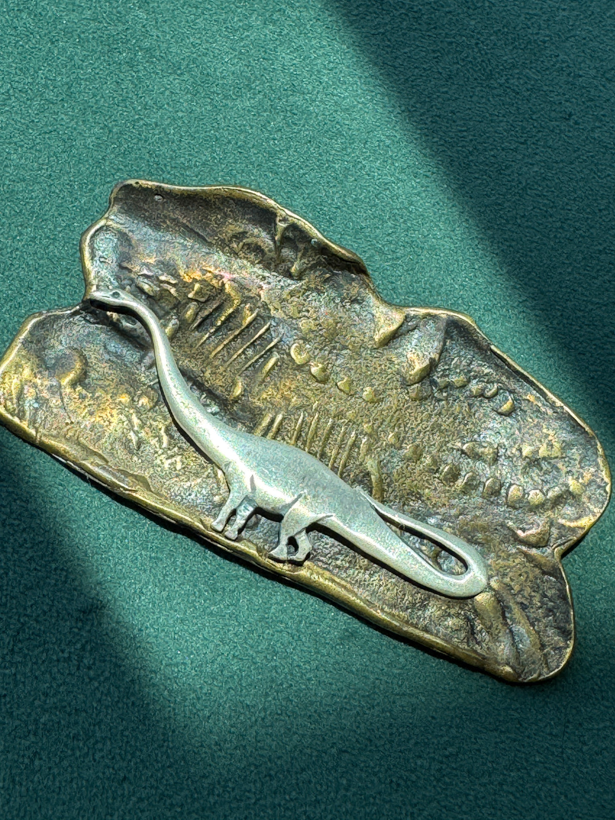 Vintage Brass and Sterling Silver Sauropod Brontosaurus Dinosaur Fossil Scene Brooch Pin Signed Figural Paleontology