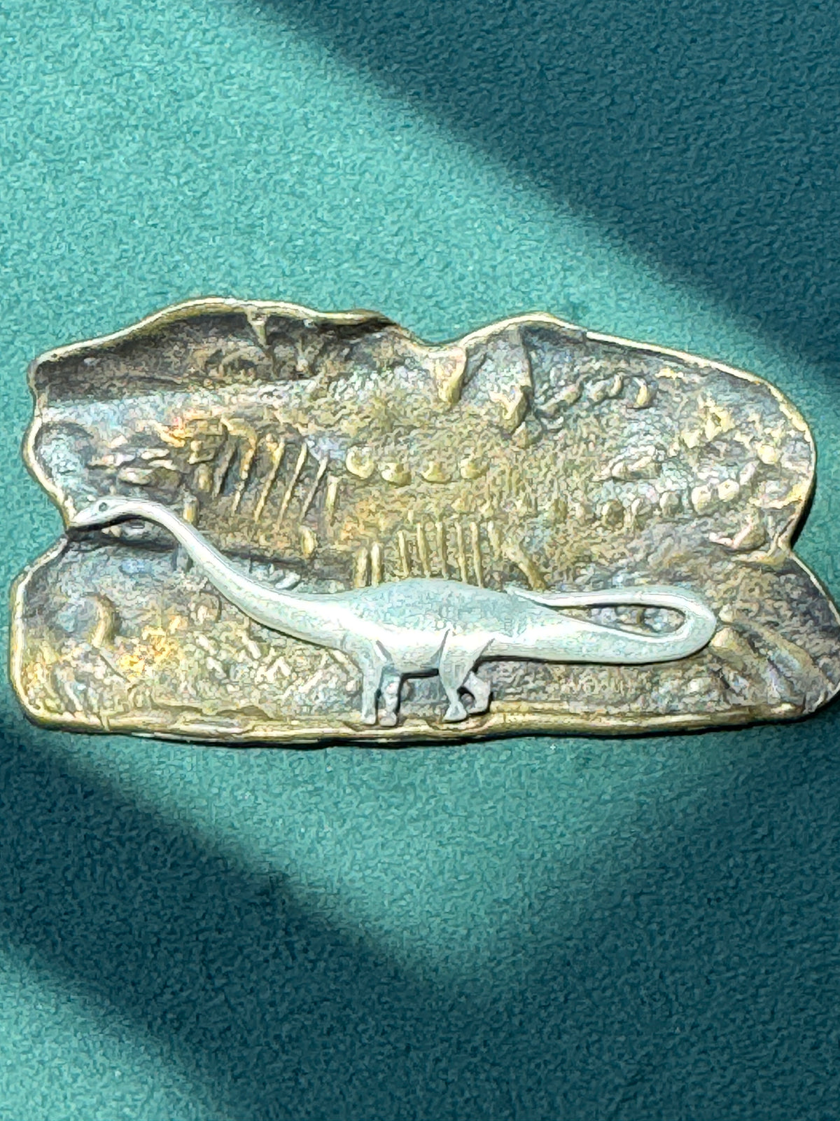 Vintage Brass and Sterling Silver Sauropod Brontosaurus Dinosaur Fossil Scene Brooch Pin Signed Figural Paleontology