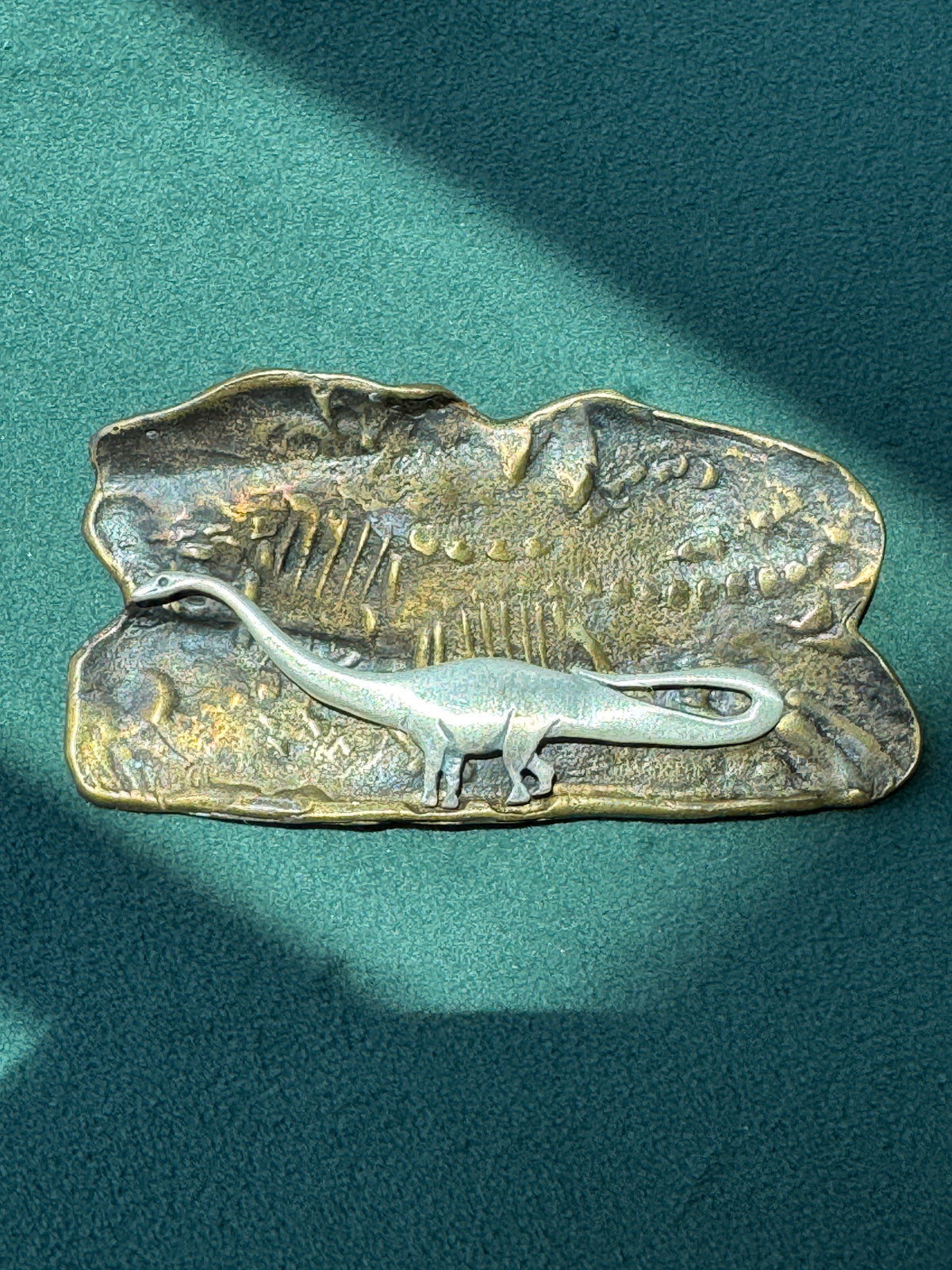 Vintage Brass and Sterling Silver Sauropod Brontosaurus Dinosaur Fossil Scene Brooch Pin Signed Figural Paleontology
