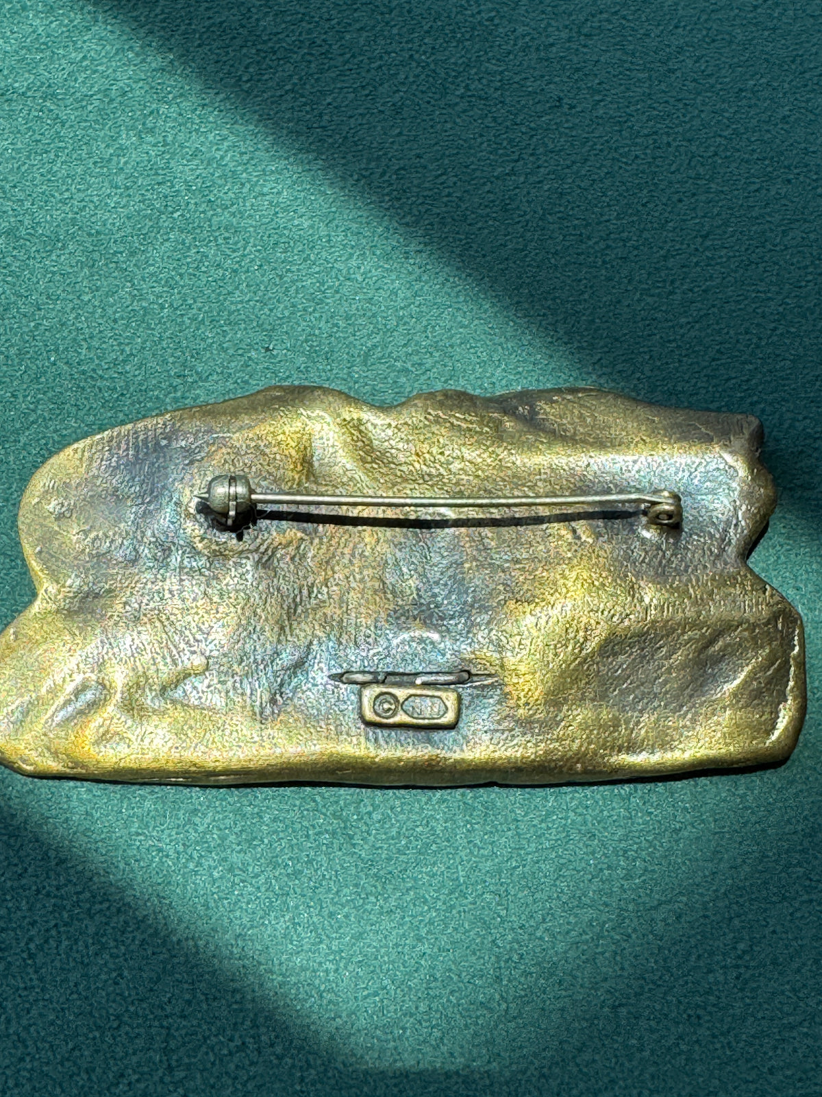 Vintage Brass and Sterling Silver Sauropod Brontosaurus Dinosaur Fossil Scene Brooch Pin Signed Figural Paleontology