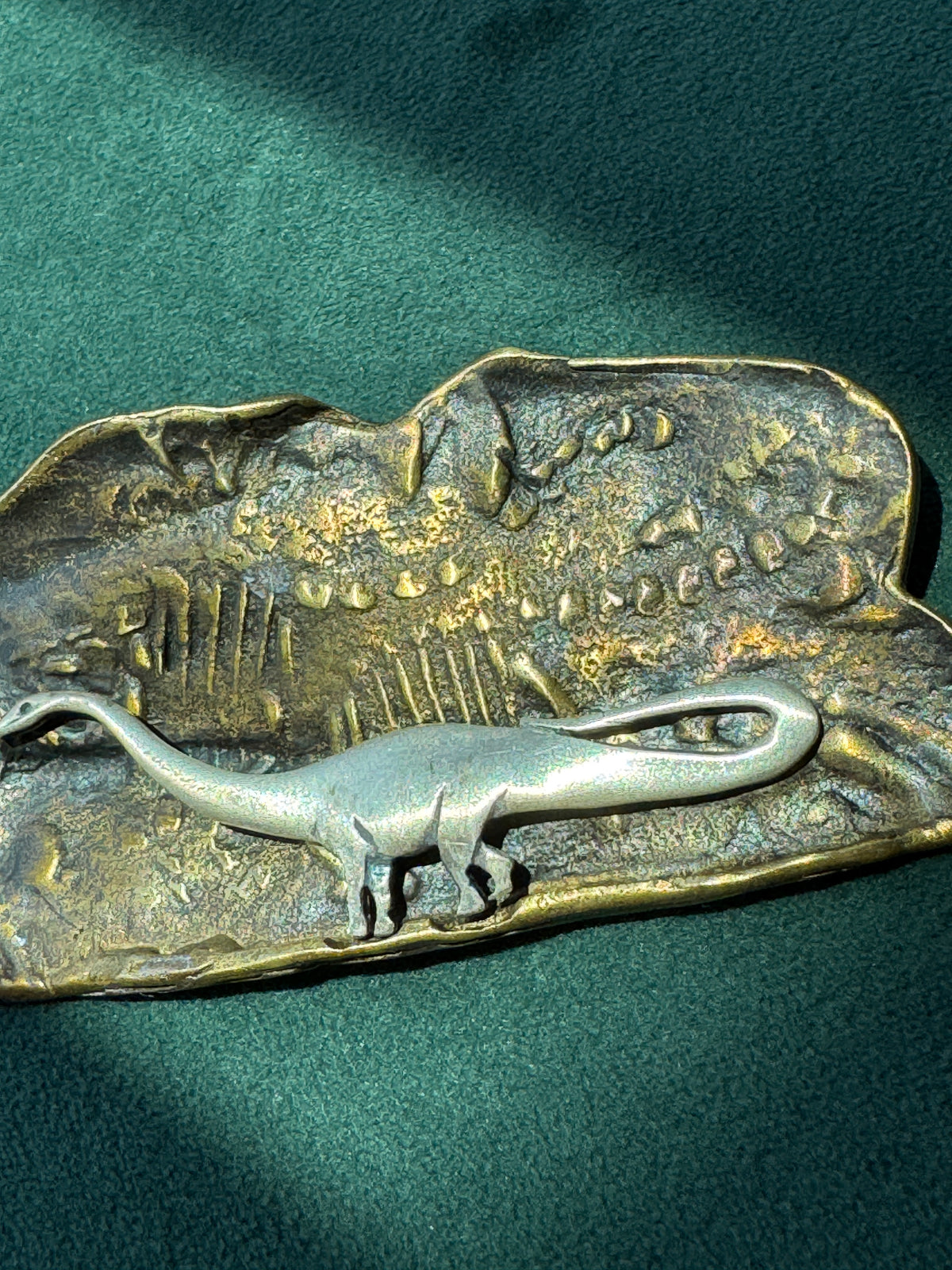 Vintage Brass and Sterling Silver Sauropod Brontosaurus Dinosaur Fossil Scene Brooch Pin Signed Figural Paleontology