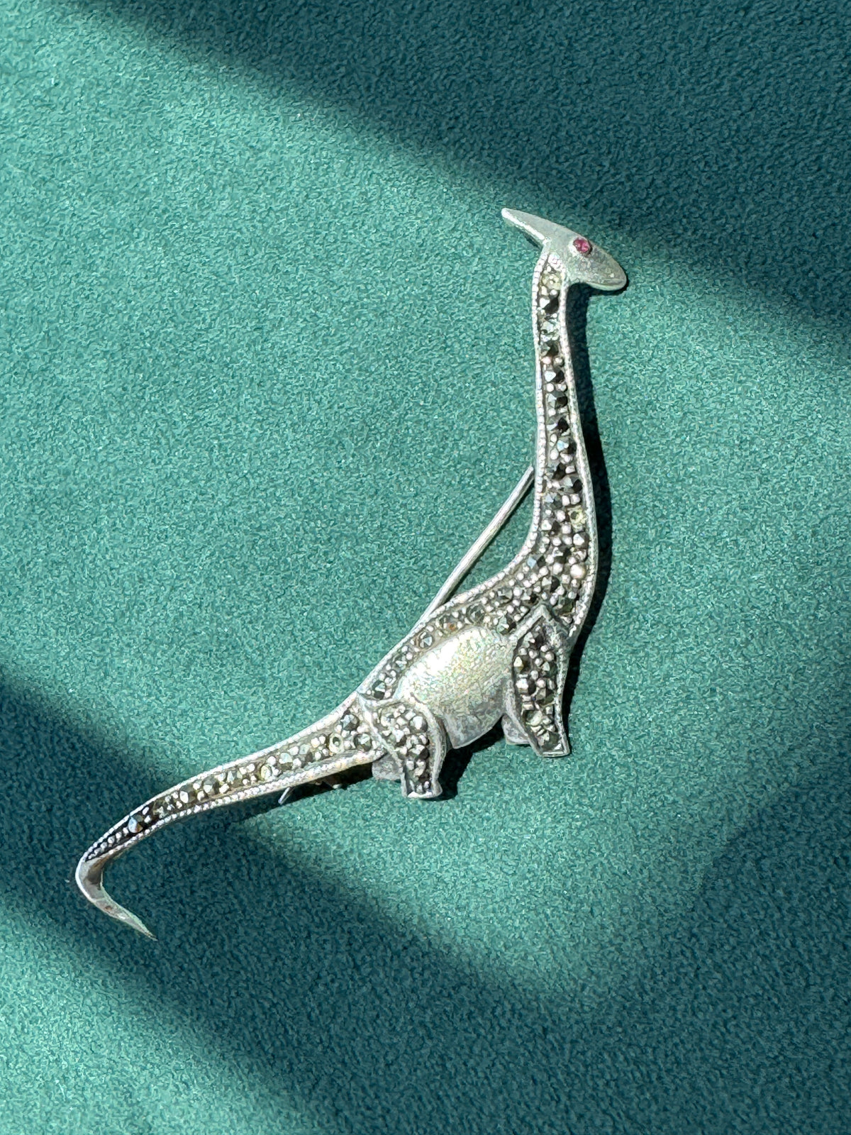 Sterling Silver 925 Marcasite Sauropod Brontosaurus Dinosaur Brooch Pin Red Stone Eye Figural