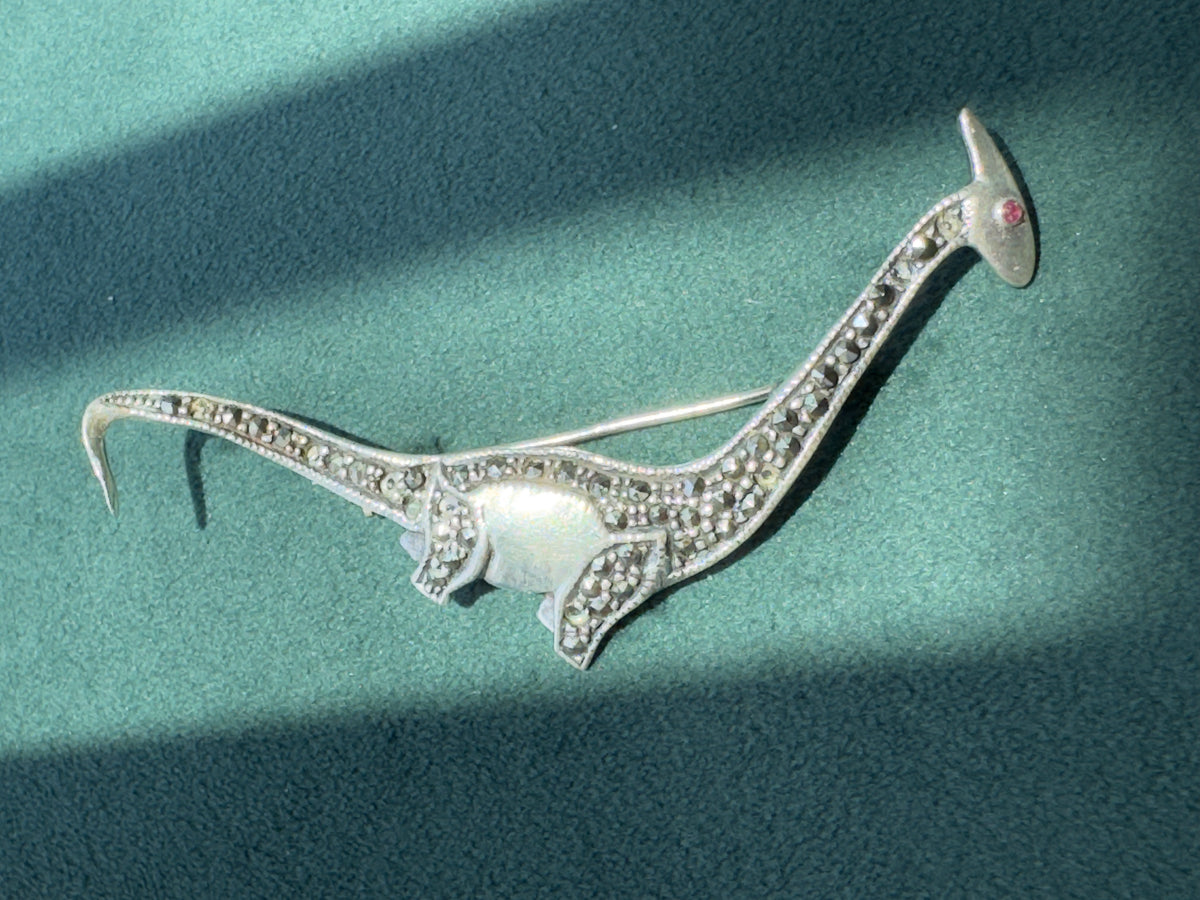 Sterling Silver 925 Marcasite Sauropod Brontosaurus Dinosaur Brooch Pin Red Stone Eye Figural