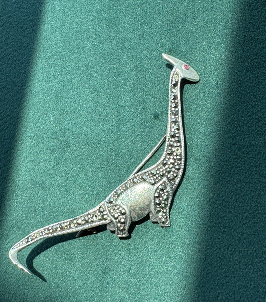 Sterling Silver 925 Marcasite Sauropod Brontosaurus Dinosaur Brooch Pin Red Stone Eye Figural
