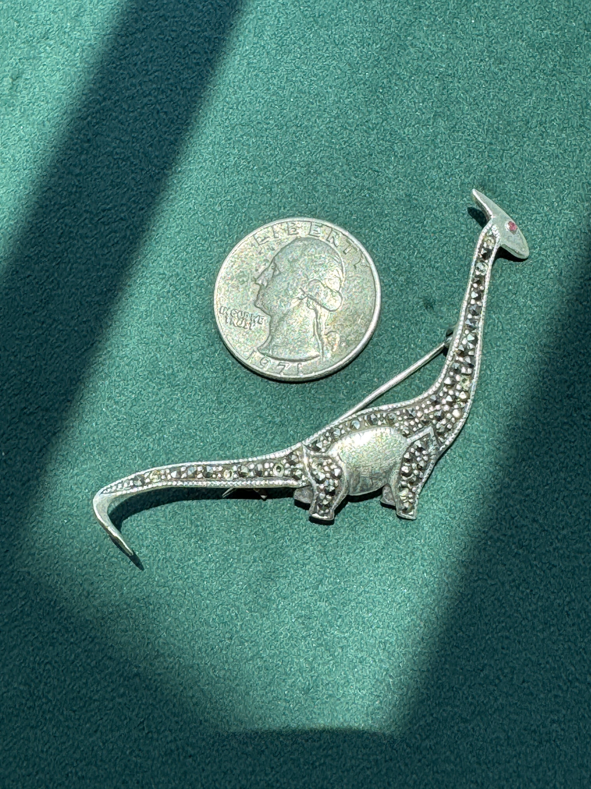 Sterling Silver 925 Marcasite Sauropod Brontosaurus Dinosaur Brooch Pin Red Stone Eye Figural