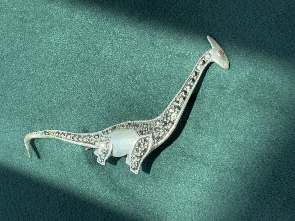 Sterling Silver 925 Marcasite Sauropod Brontosaurus Dinosaur Brooch Pin Red Stone Eye Figural