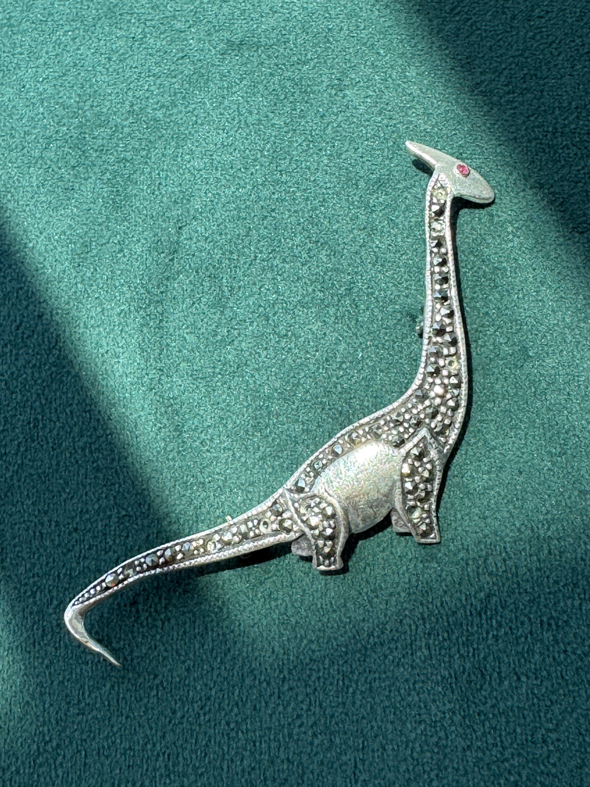 Sterling Silver 925 Marcasite Sauropod Brontosaurus Dinosaur Brooch Pin Red Stone Eye Figural