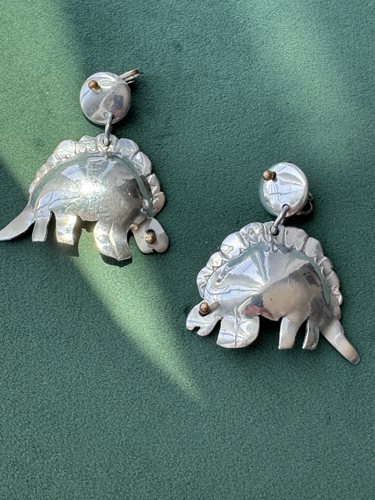 Vintage Silver Stegosaurus Dinosaur Dangle Clip On Earrings Mixed Metal Gold Accents Large Statement Earrings