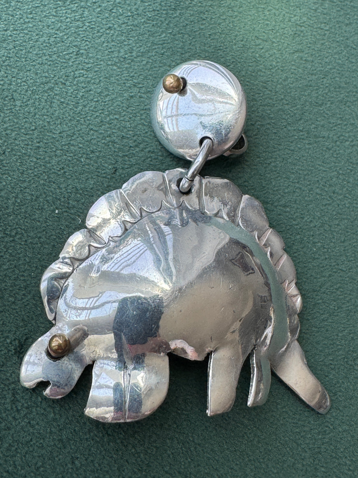 Vintage Silver Stegosaurus Dinosaur Dangle Clip On Earrings Mixed Metal Gold Accents Large Statement Earrings