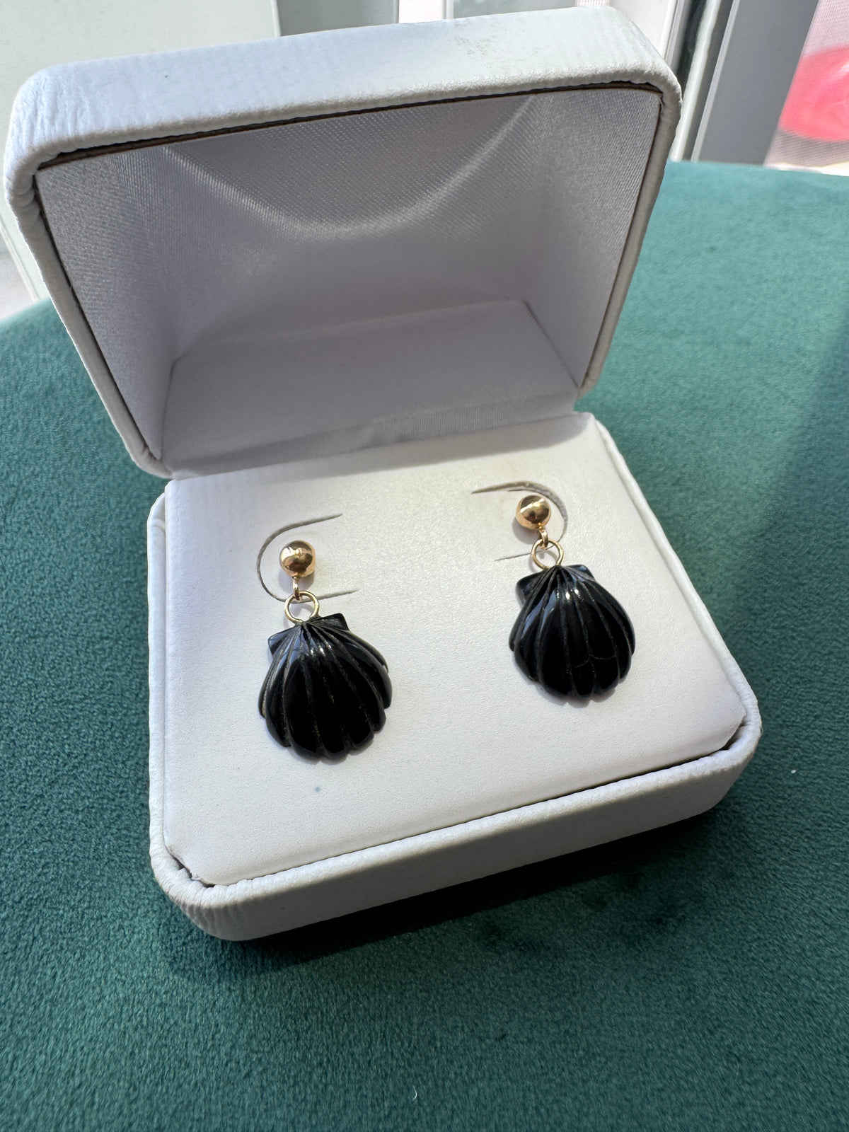 14K Gold Carved Black Scallop Shell Dangle Earrings Two Tiny Drops of Mermaid Life