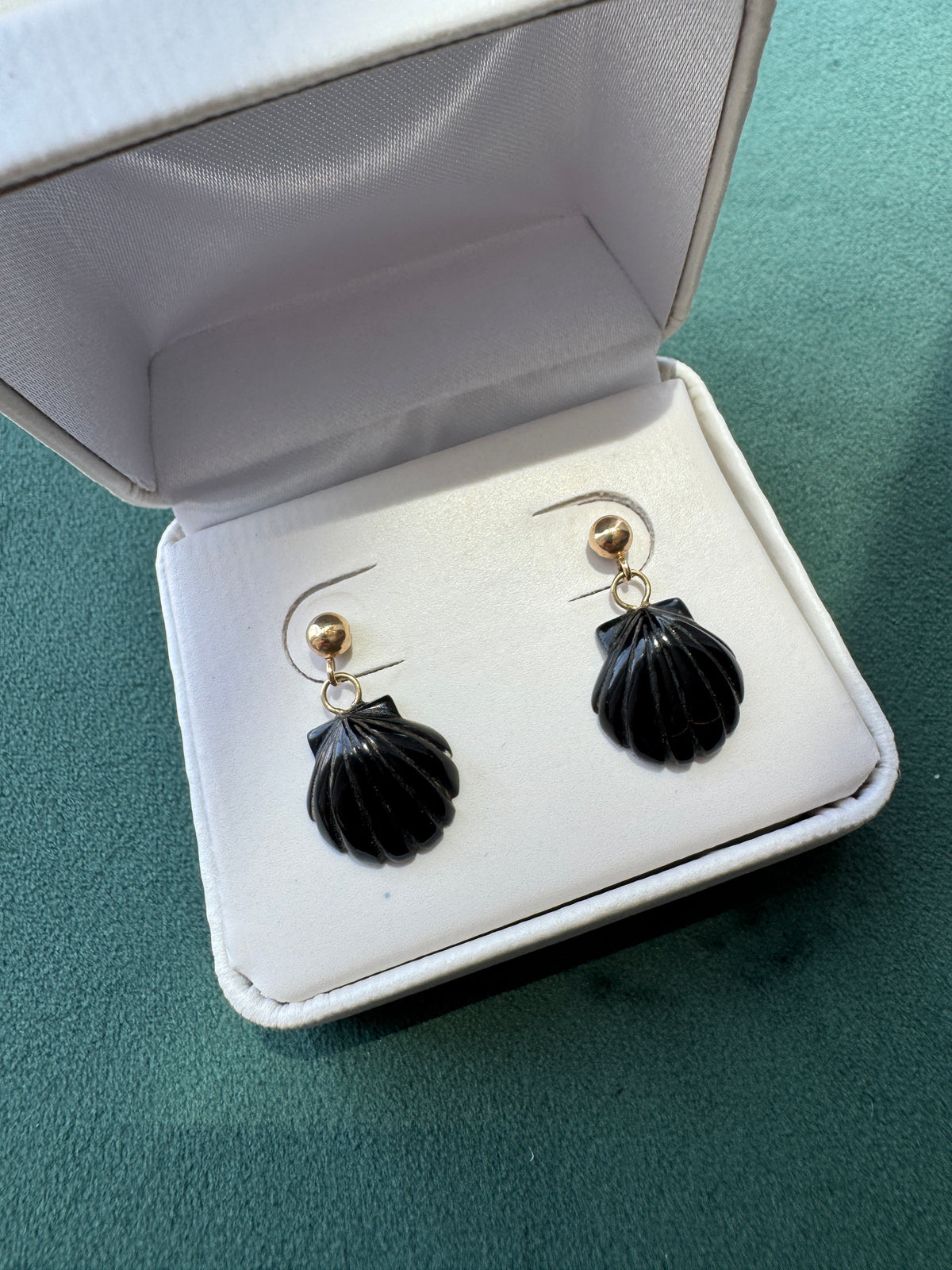 14K Gold Carved Black Scallop Shell Dangle Earrings Two Tiny Drops of Mermaid Life