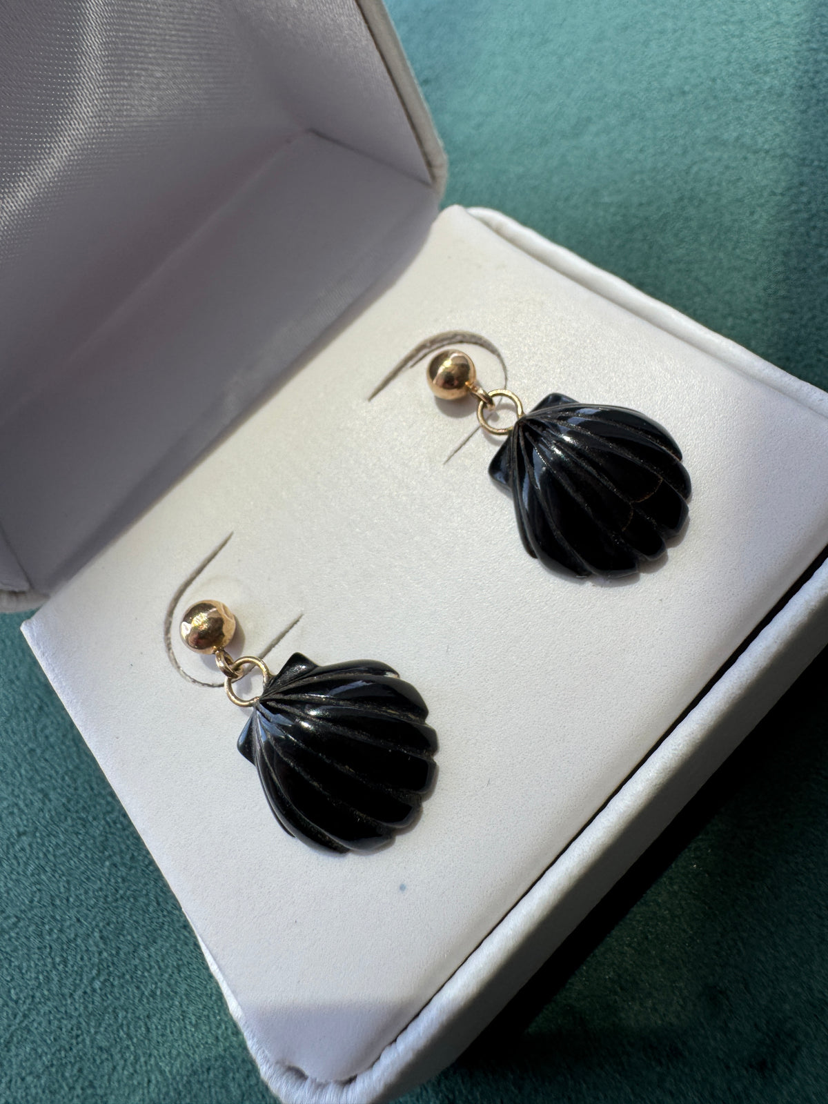 14K Gold Carved Black Scallop Shell Dangle Earrings Two Tiny Drops of Mermaid Life