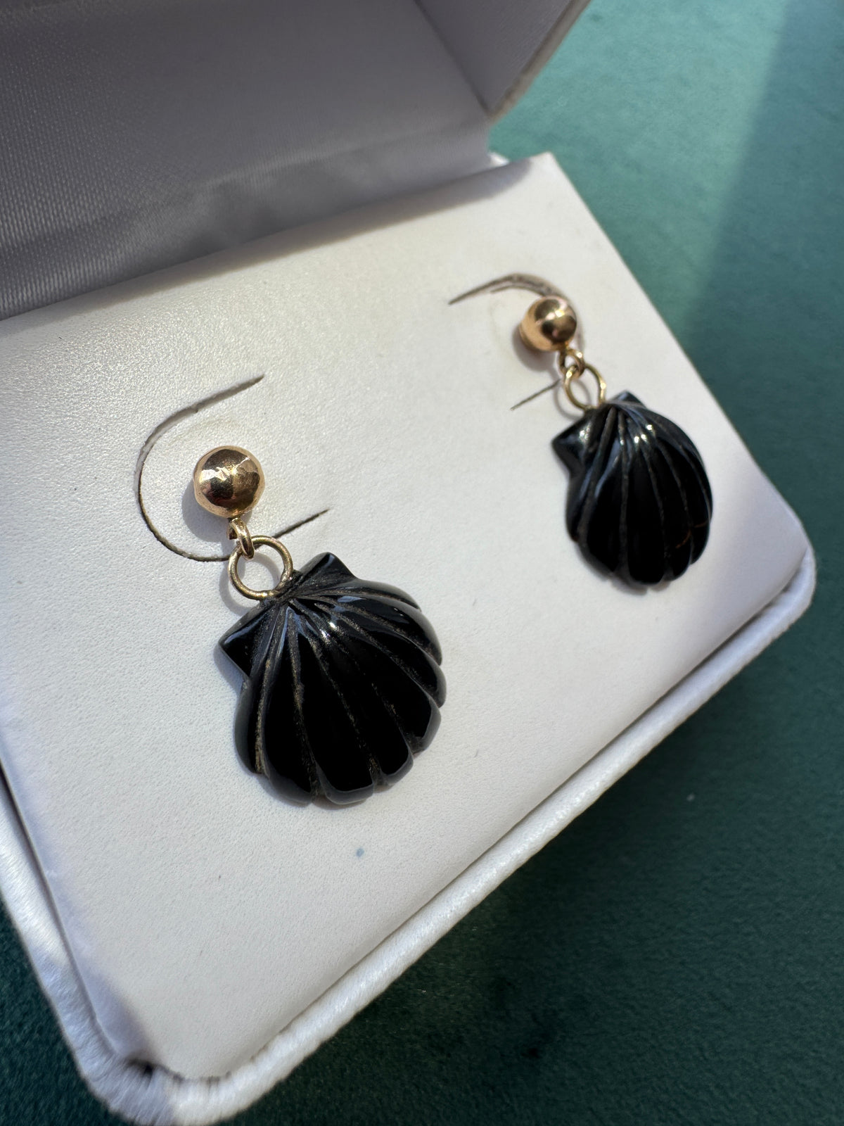 14K Gold Carved Black Scallop Shell Dangle Earrings Two Tiny Drops of Mermaid Life