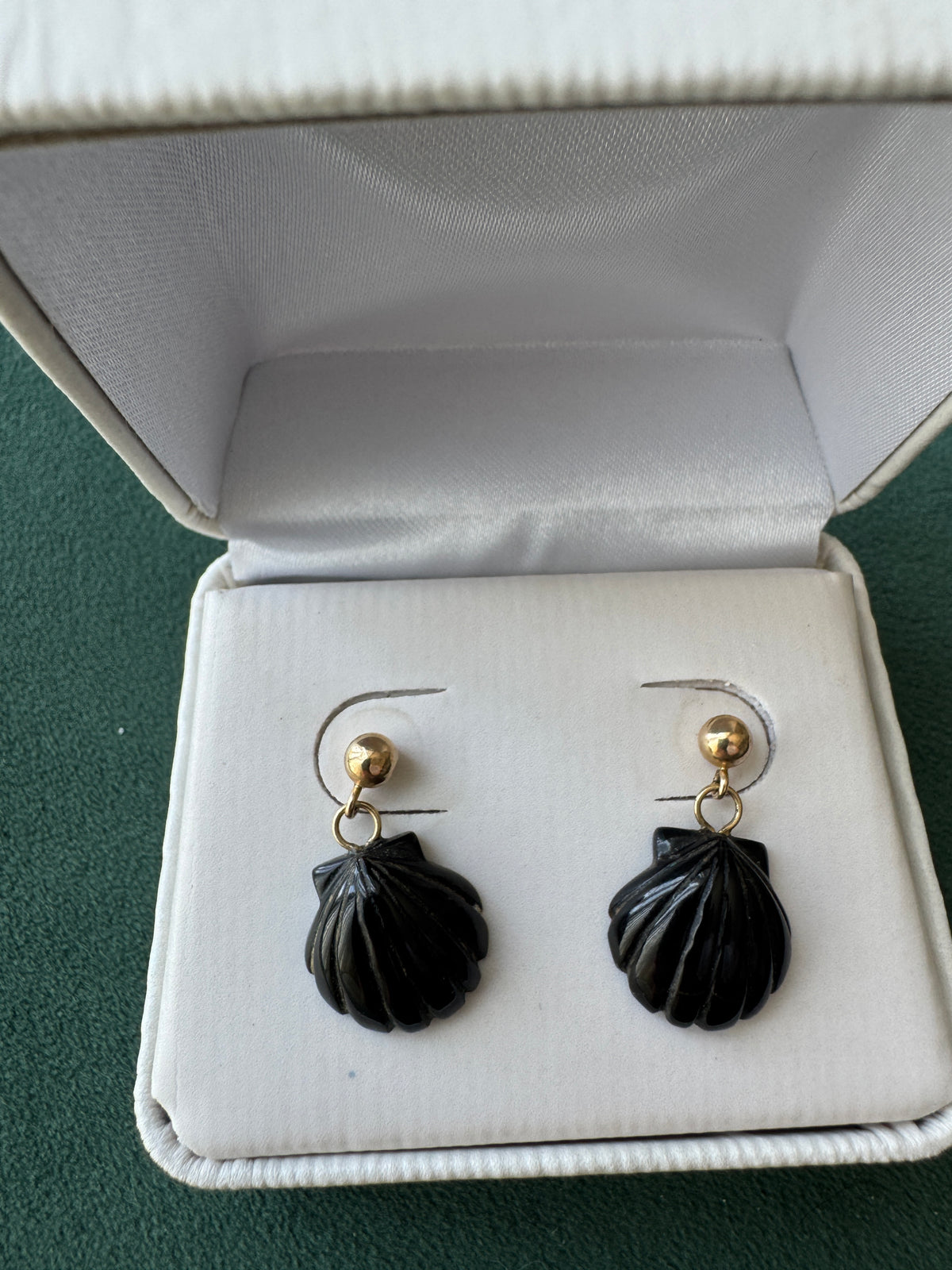 14K Gold Carved Black Scallop Shell Dangle Earrings Two Tiny Drops of Mermaid Life