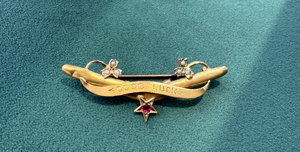 Antique Victorian 9CT Gold Good Luck Bar Pin Seed Pearl Clovers Pink Gemstone Star