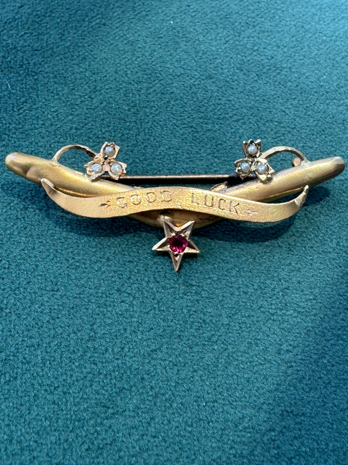 Antique Victorian 9CT Gold Good Luck Bar Pin Seed Pearl Clovers Pink Gemstone Star