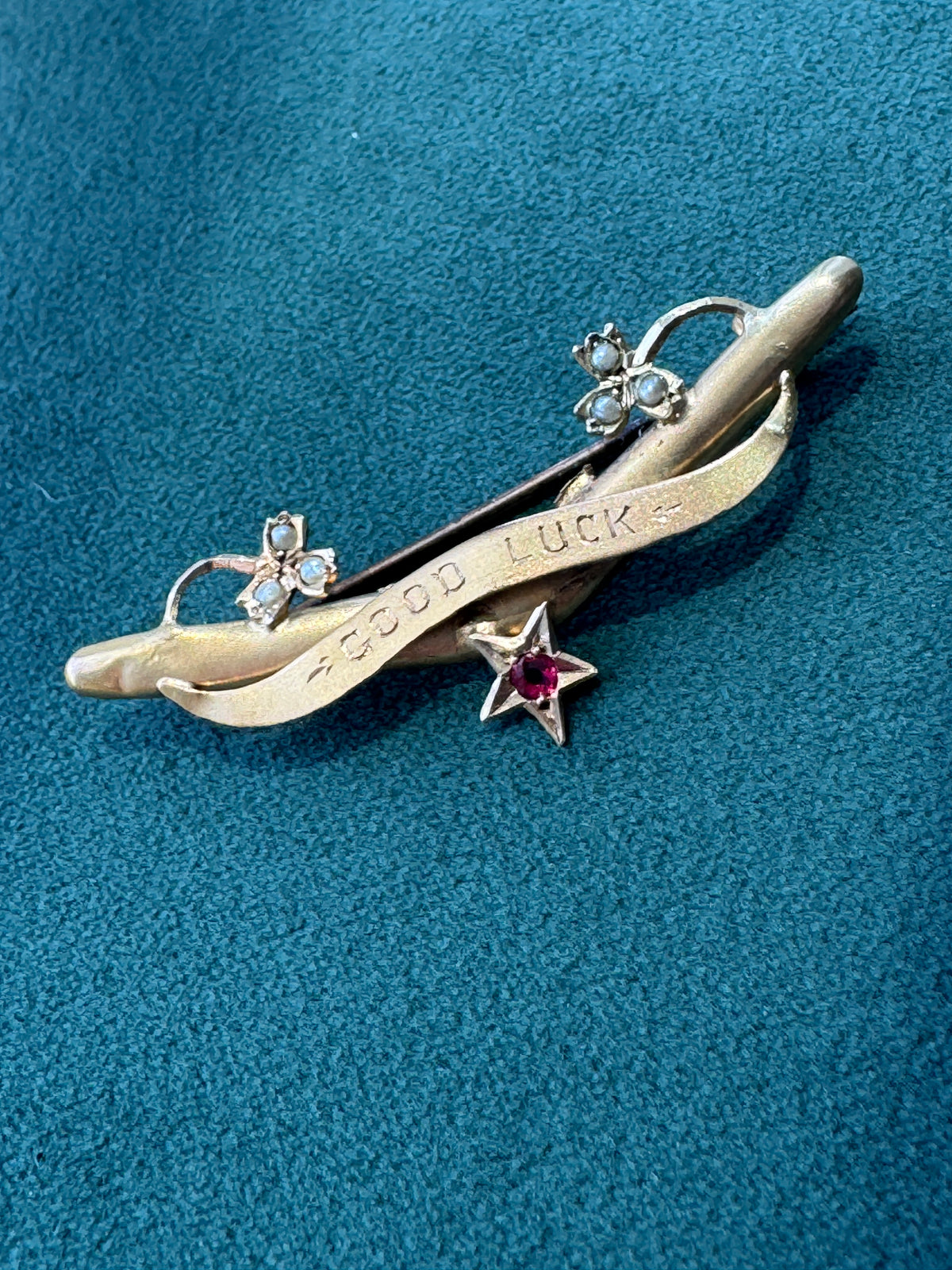 Antique Victorian 9CT Gold Good Luck Bar Pin Seed Pearl Clovers Pink Gemstone Star