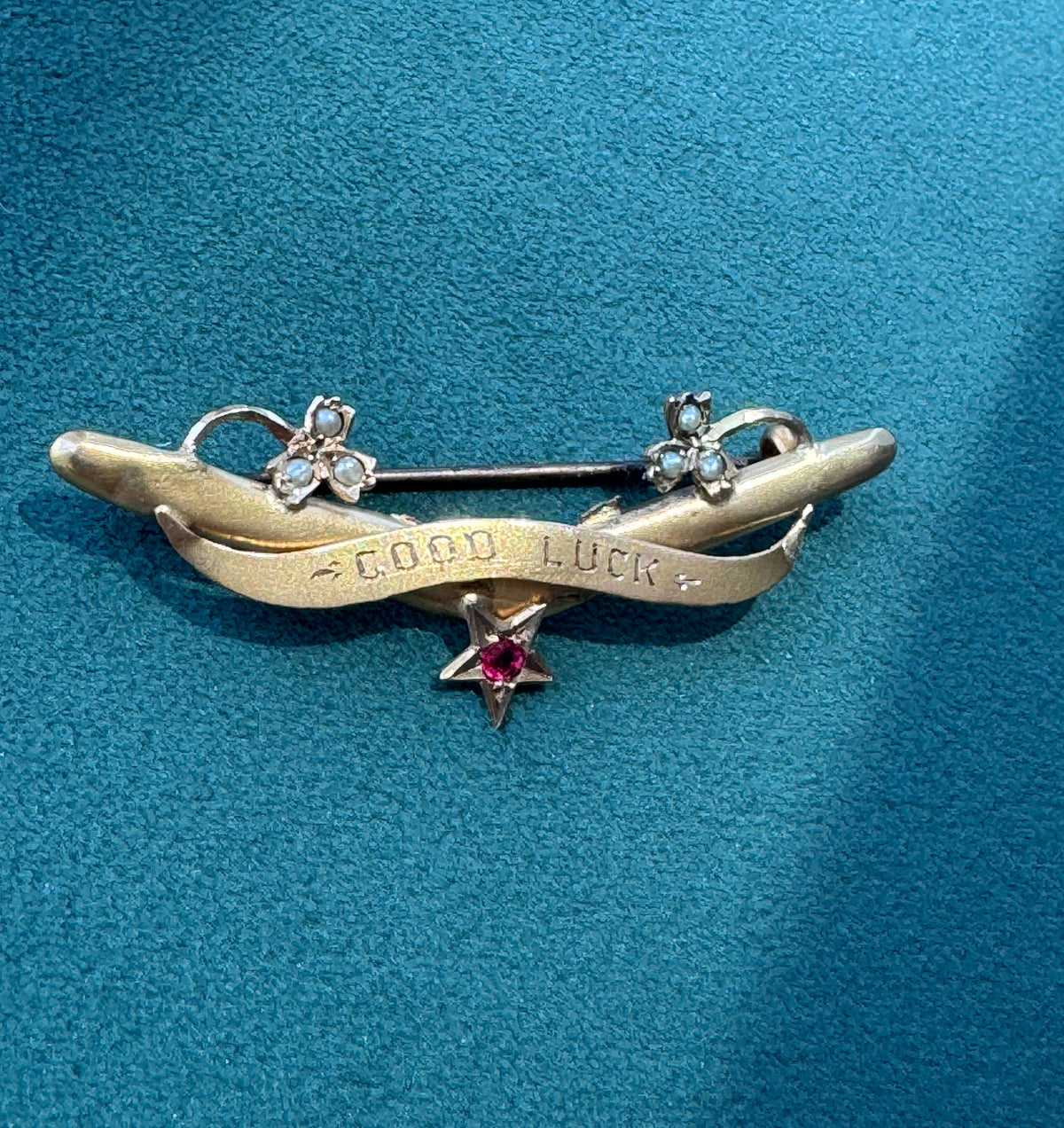 Antique Victorian 9CT Gold Good Luck Bar Pin Seed Pearl Clovers Pink Gemstone Star