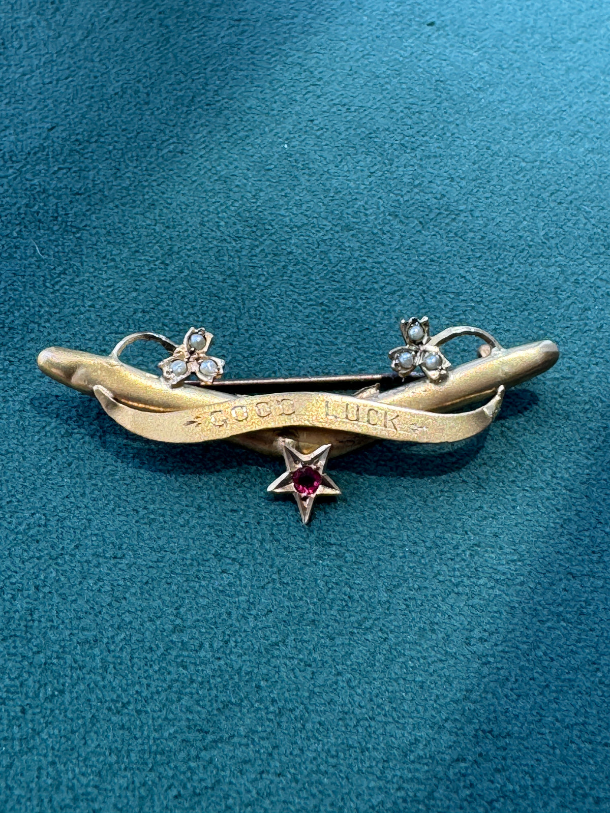 Antique Victorian 9CT Gold Good Luck Bar Pin Seed Pearl Clovers Pink Gemstone Star