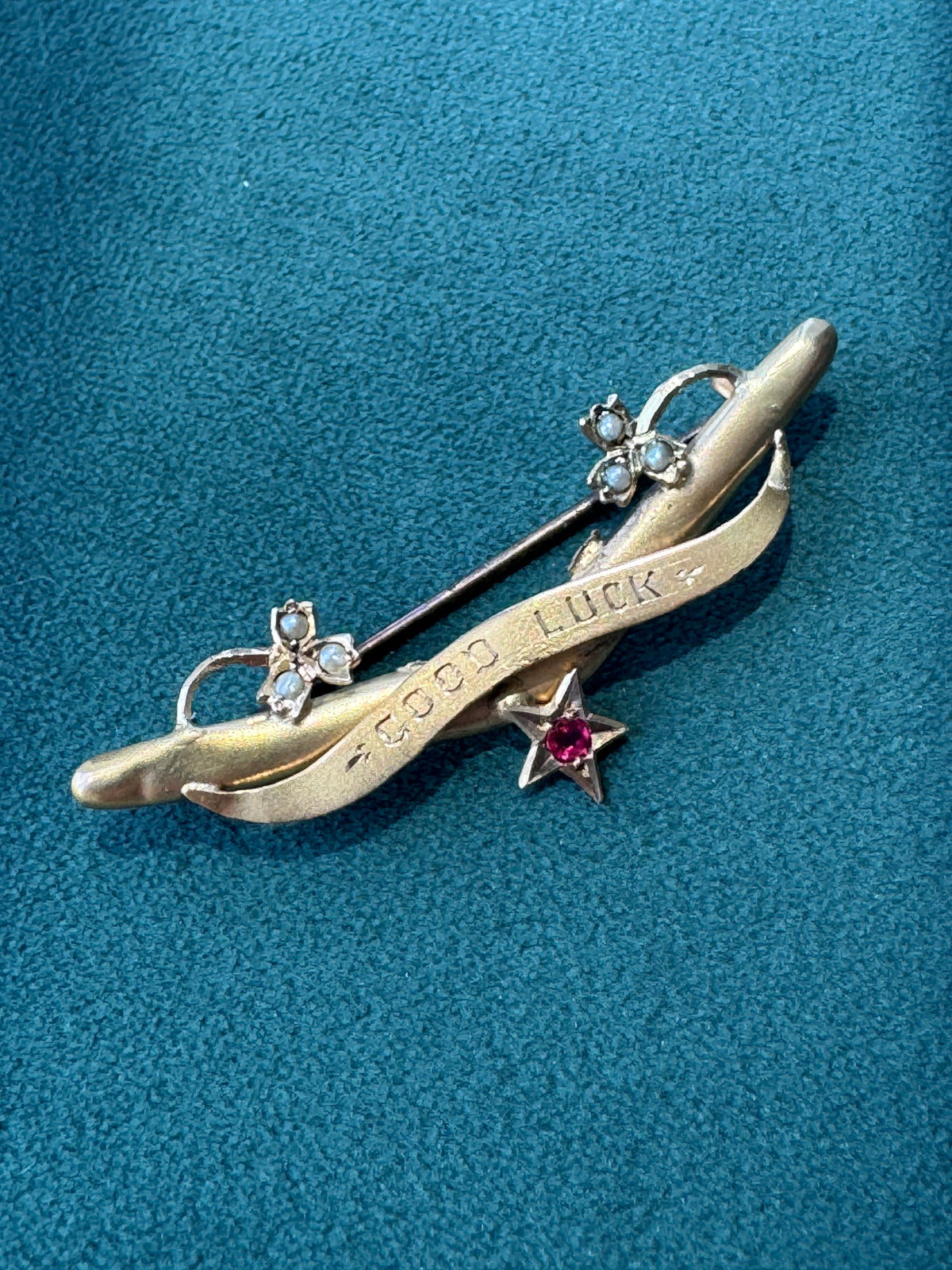 Antique Victorian 9CT Gold Good Luck Bar Pin Seed Pearl Clovers Pink Gemstone Star