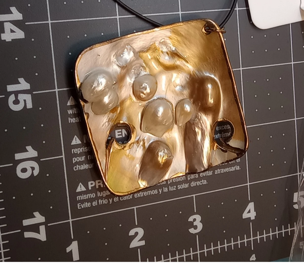 Vintage Large Square Blister Pearl Mother of Pearl Pendant Necklace Gold Foil Edges