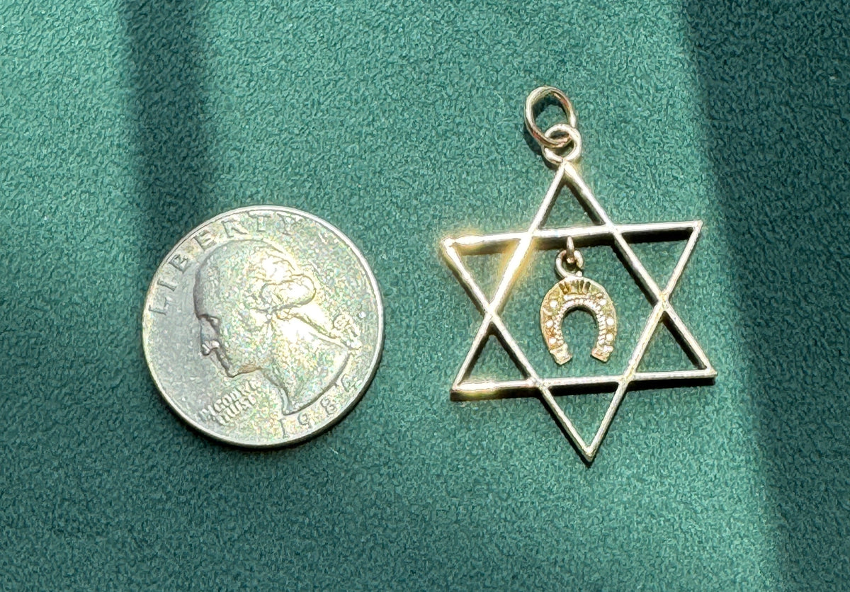14K Gold Large Star of David Pendant With Dangling Lucky Horseshoe Charm