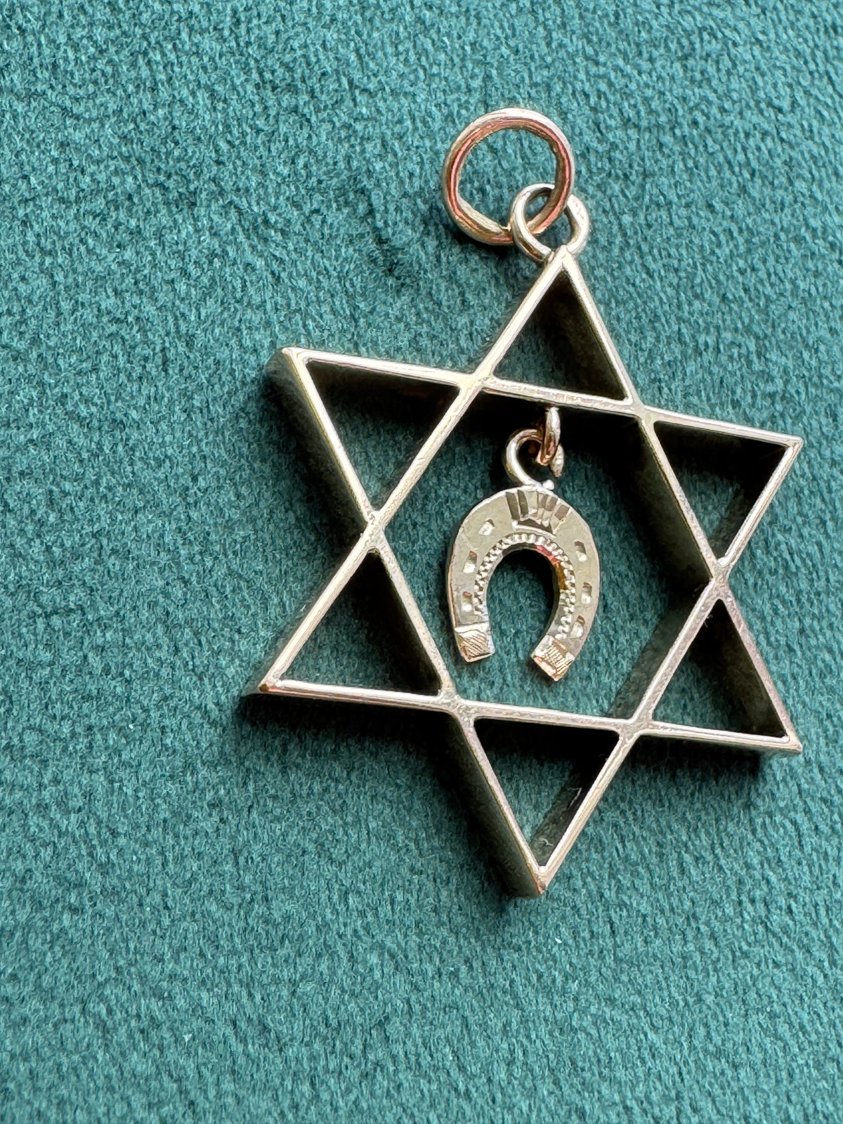 14K Gold Large Star of David Pendant With Dangling Lucky Horseshoe Charm