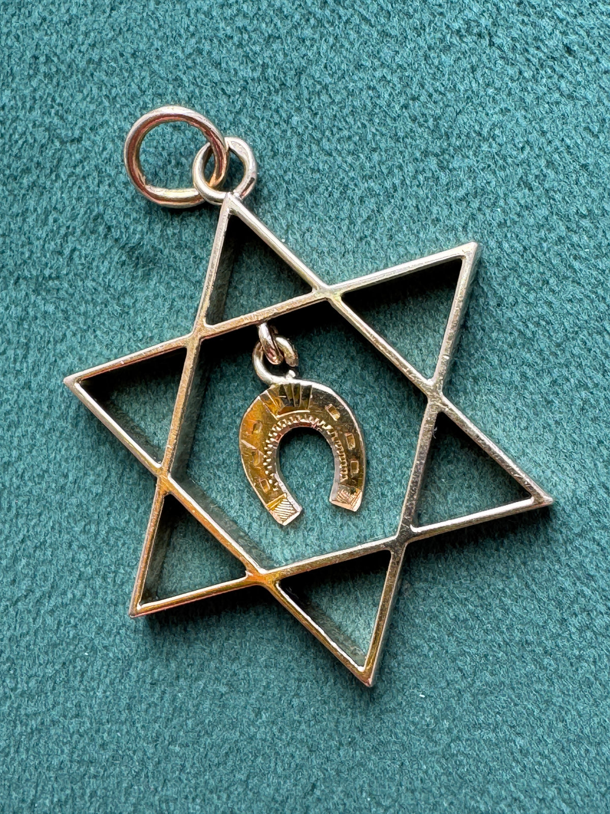 14K Gold Large Star of David Pendant With Dangling Lucky Horseshoe Charm