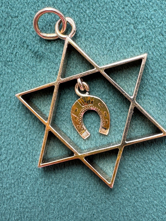 14K Gold Large Star of David Pendant With Dangling Lucky Horseshoe Charm