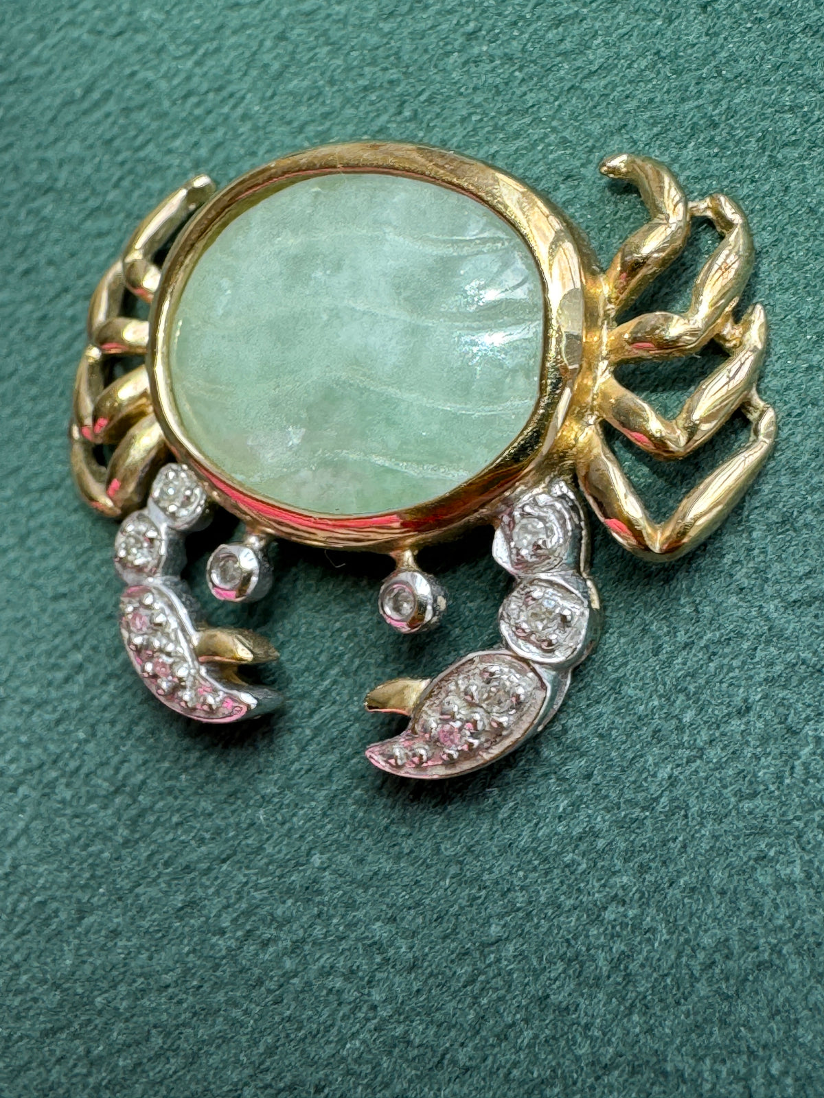 Vintage Heng Ngai 10K Gold Crab Pendant, Jade Cabochon with Diamond Accents