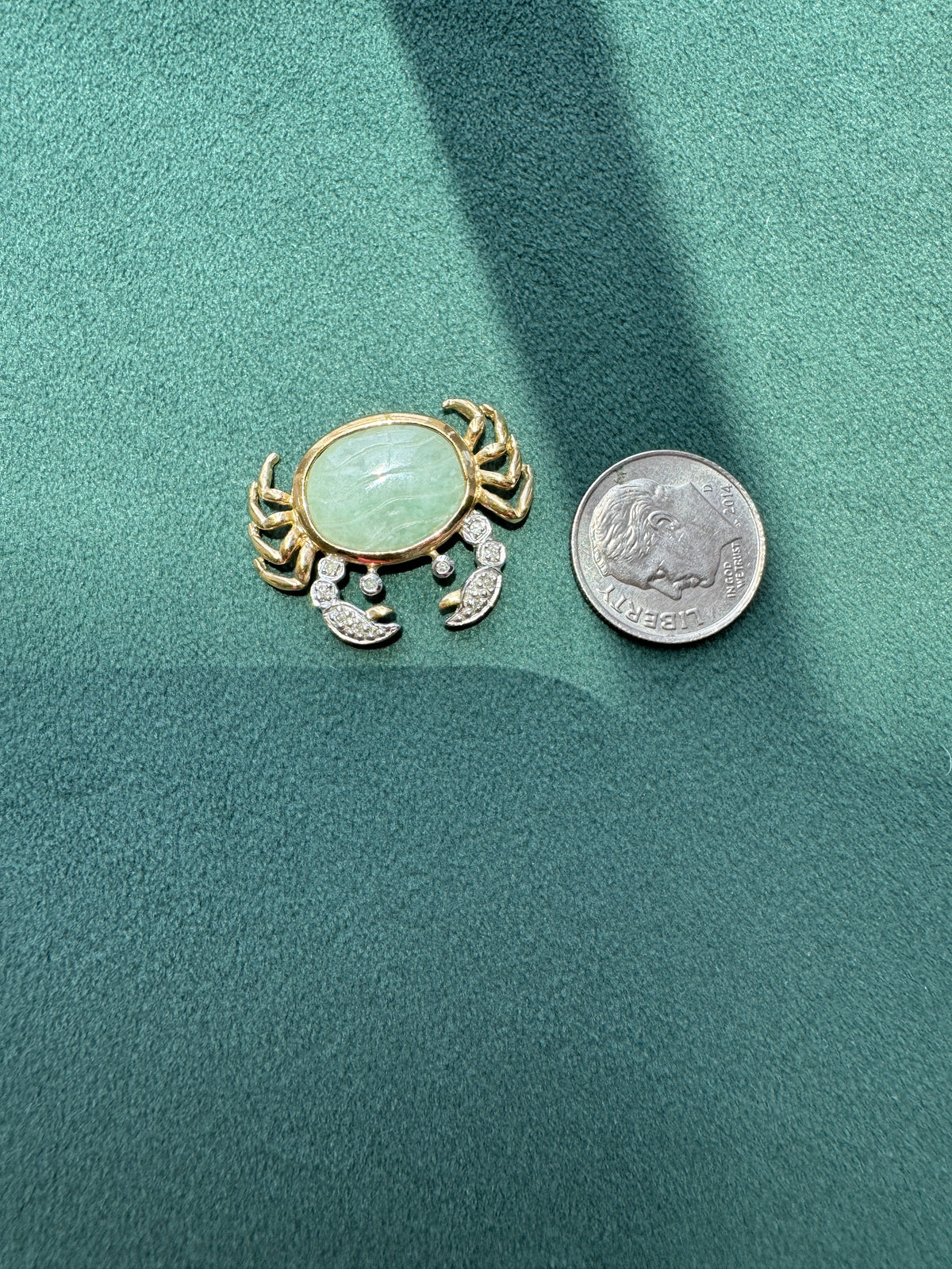 Vintage Heng Ngai 10K Gold Crab Pendant, Jade Cabochon with Diamond Accents
