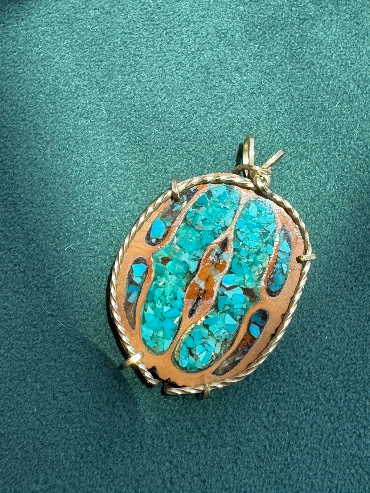 Vintage Walnut Shell Pendant with Crushed Turquoise Inlay, Gold Tone Wire Wrap