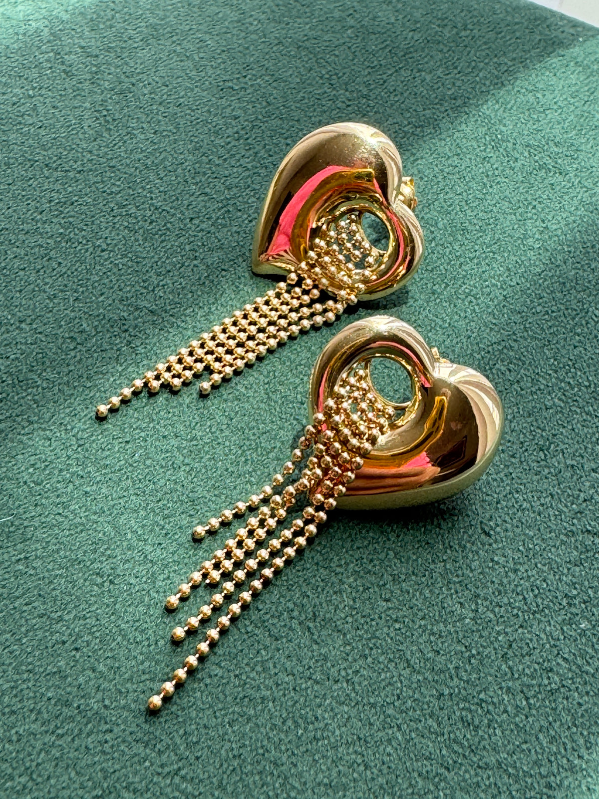 Y2K 14K Gold Puffed Heart Earrings, Beaded Waterfall Fringe Dangles