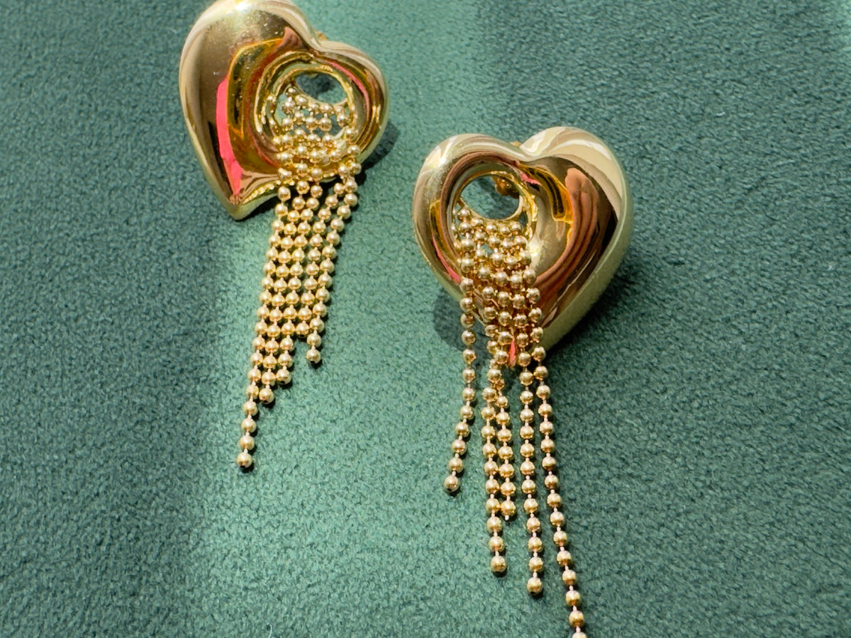 Y2K 14K Gold Puffed Heart Earrings, Beaded Waterfall Fringe Dangles