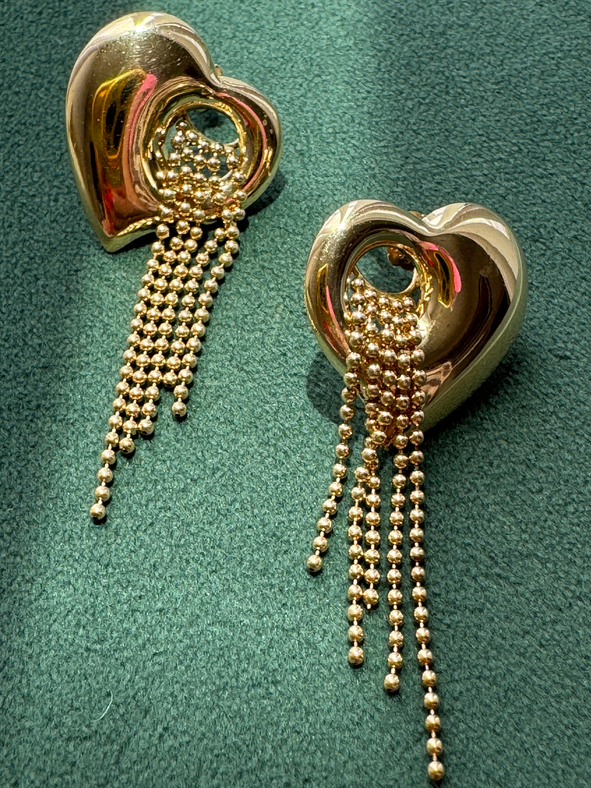 Y2K 14K Gold Puffed Heart Earrings, Beaded Waterfall Fringe Dangles