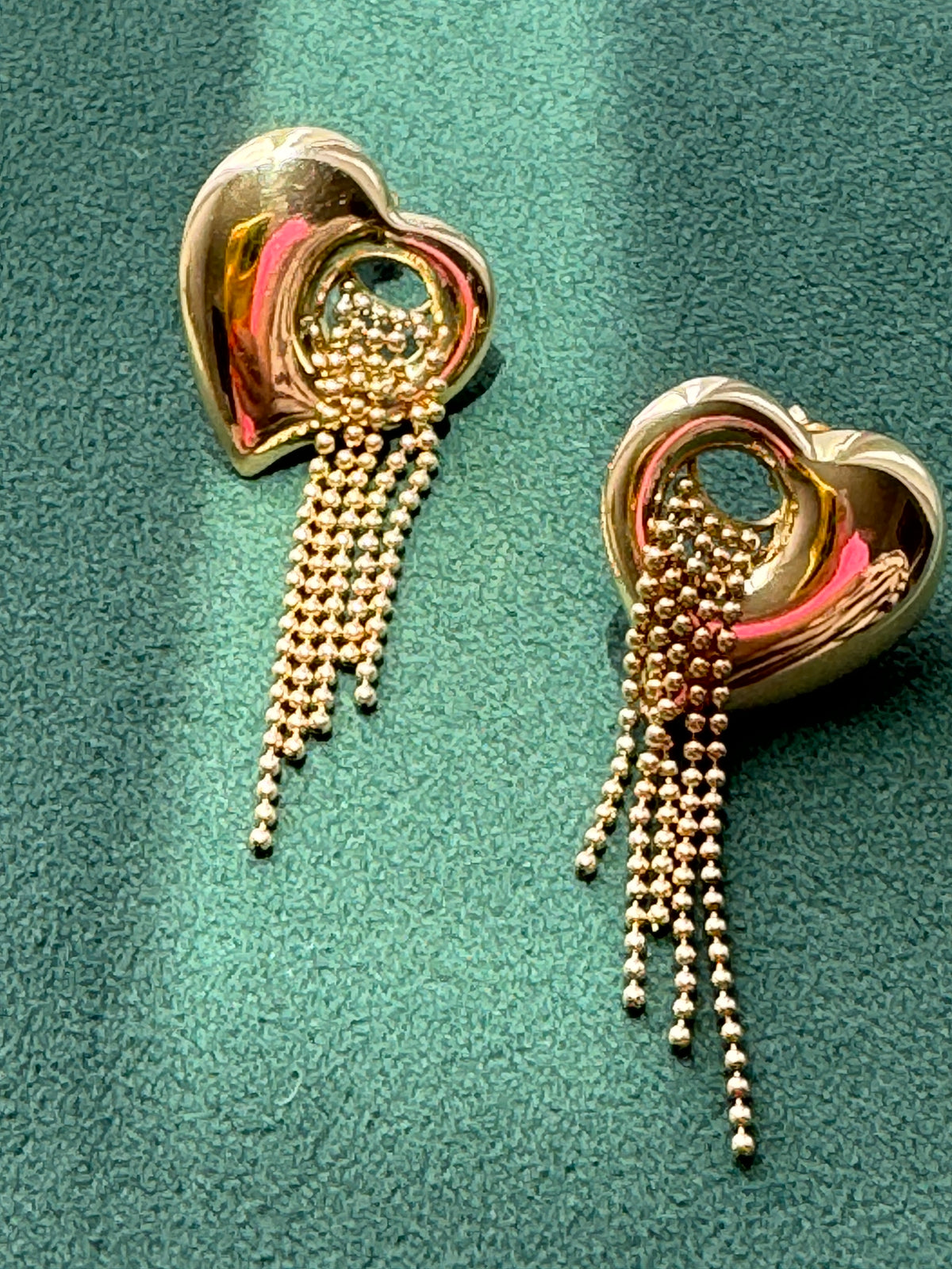 Y2K 14K Gold Puffed Heart Earrings, Beaded Waterfall Fringe Dangles